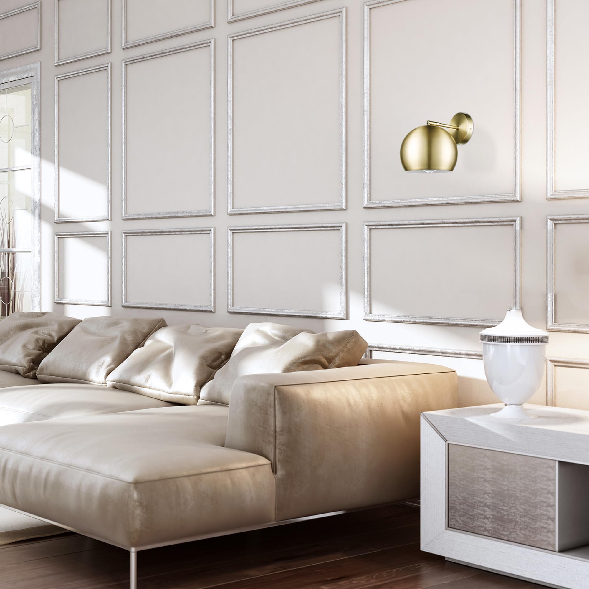 Globe Electric 51577 1-Light Plug-In Or Hardwire Wall Sconce, Matte Brass, White Fabric Cord, In-Line On/Off Rocker Switch, Kitc