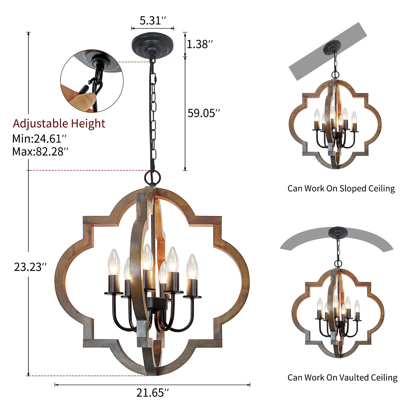 Rviezza 6-Light Farmhouse Wood Chandelier, Adjustable Rustic Pendant Light for Dining Room, Kitchen, Foyer - Model B0CM3QC7FC