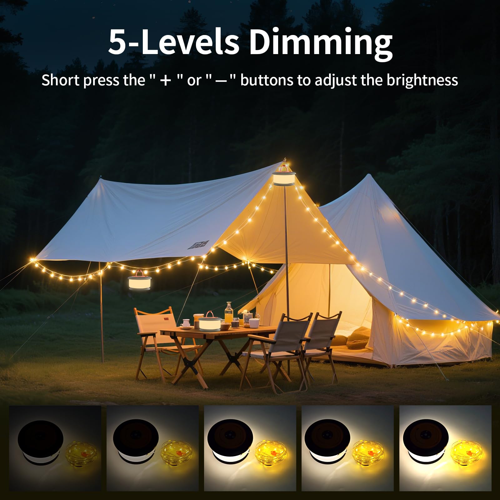 Phylosal Camping String Lights - 3 in 1 Outdoor Light with 6 Modes, 32.8FT Rechargeable Tent Lantern, Black & Orange, Model JSK-L26