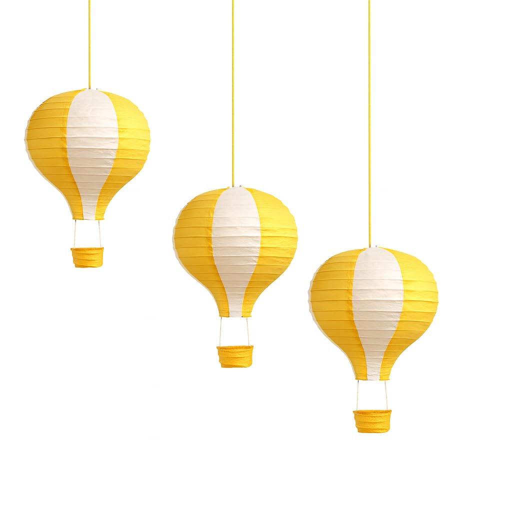 Matissa Pack of 3 Stripy Hot Air Balloon Paper Lanterns, Yellow, 16in (40CM), Metal Shade Wedding Party Decoration