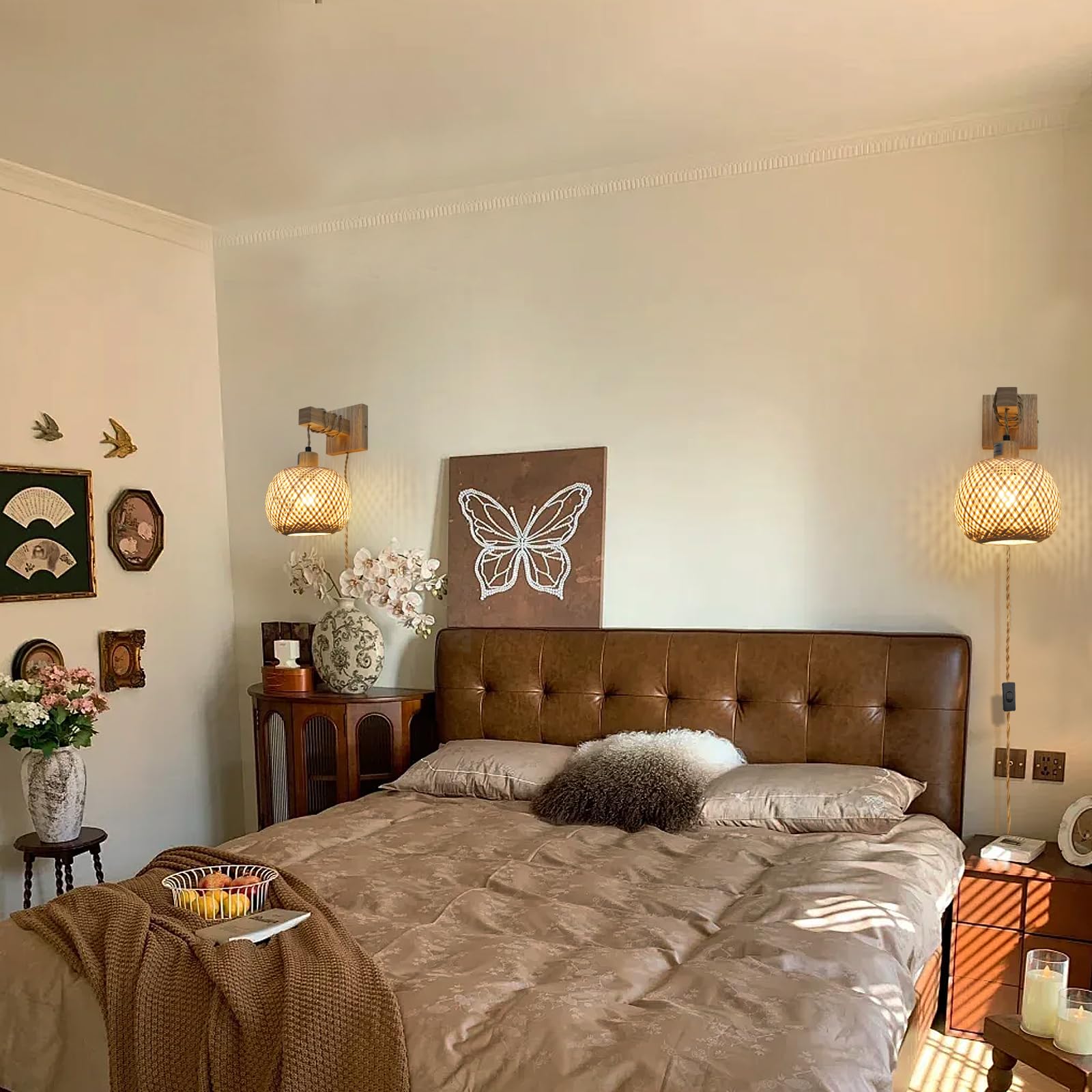 Novcand Bamboo Plug In Wall Sconces Set Of Two, Hand Woven Boho Wall Lamp Plug In Cord Wall Sconces For Bedroom Living Room Farm