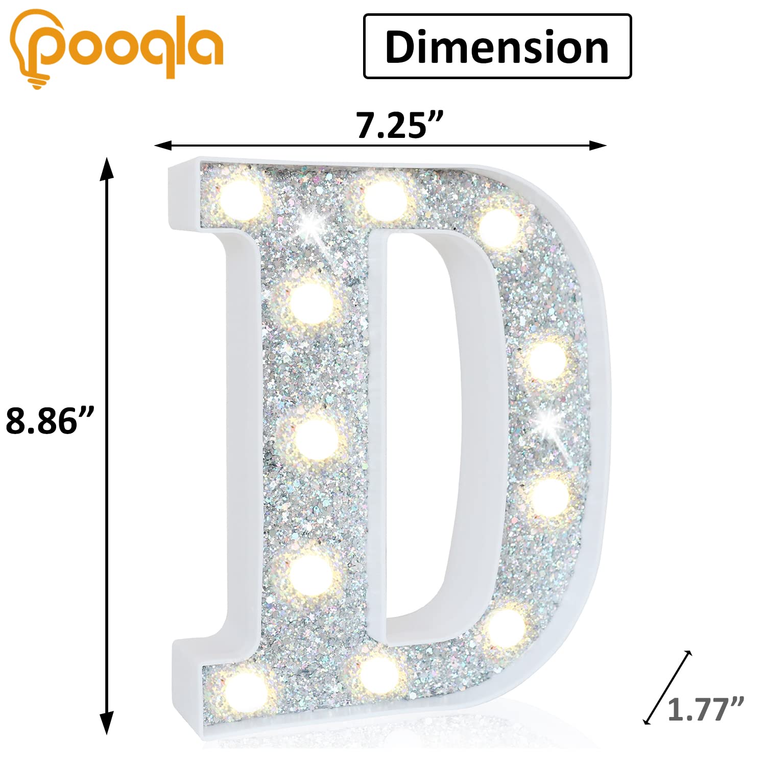 Pooqla Led Marquee Letter Lights, Light Up Silver Letters Glitter Alphabet Letter Sign Battery Powered For Night Light Birthday Party Wedding Girls Gifts Home Bar Christmas Decoration, Silver Letter D