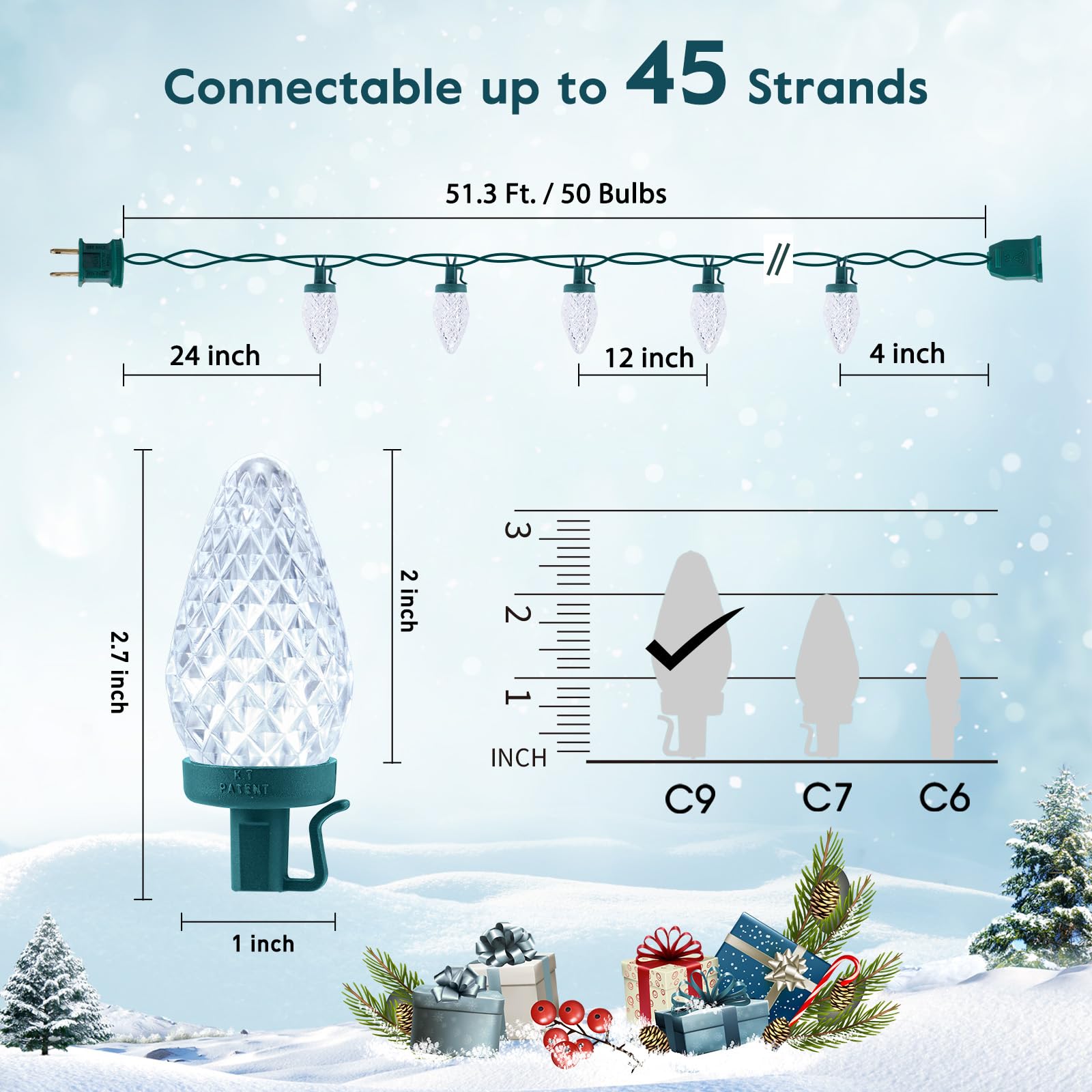 C9 Led Christmas Lights Outdoor With 50 Spring Clips, 50Ft 50 Led Waterproof Strawberry String Lights, Commercial Grade Extendab