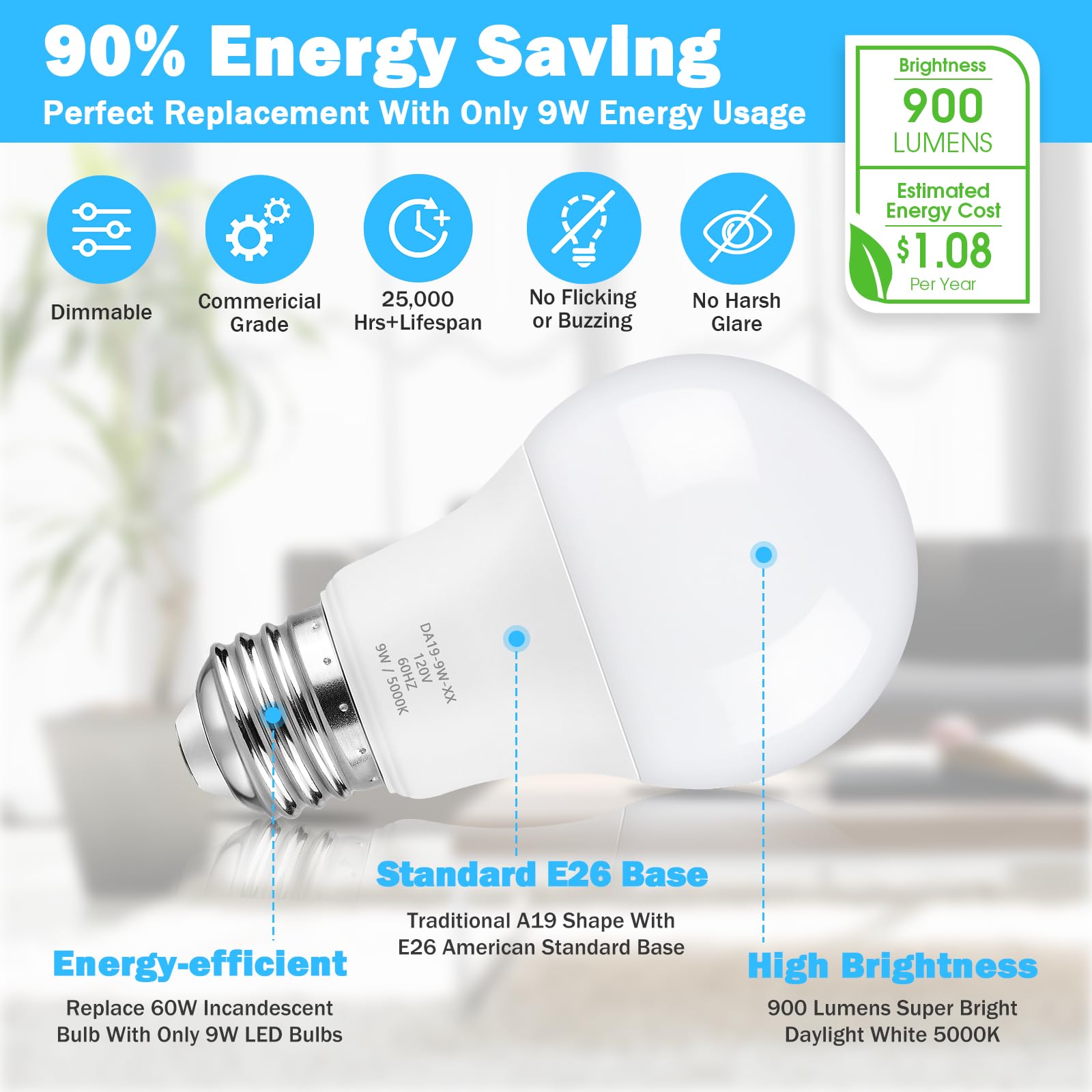 Maylaywood A19 Led Light Bulb Dimmable, 60 Watt Equivalent, 5000K Daylight White, 900Lm, E26 Base, 9W Bright White, 30-Pack