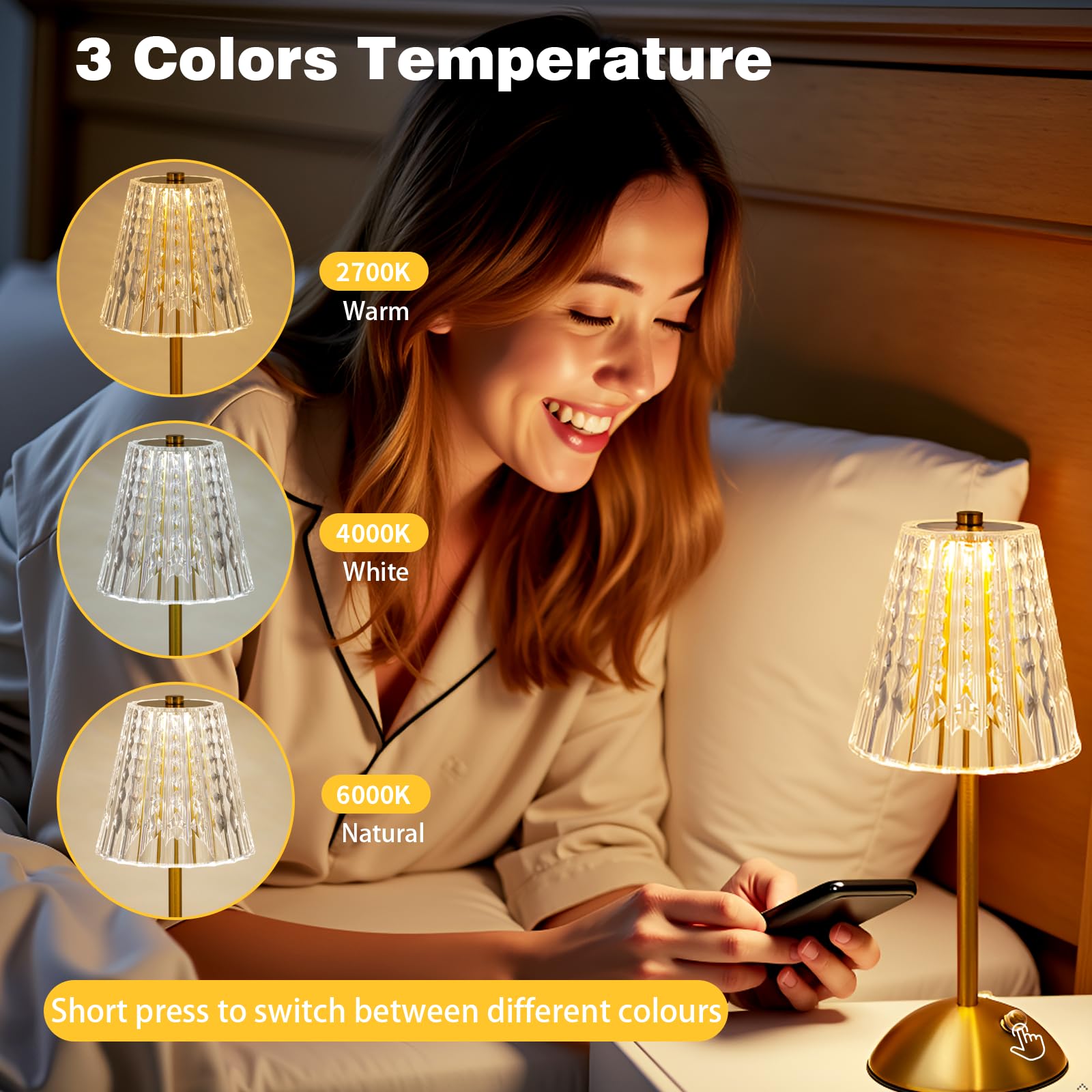 Fsaox Cordless Table Lamp - Touch Control, 3000mAh Rechargeable, Dimmable Ambient Light, Brass & Crystal, Model F-TL-003