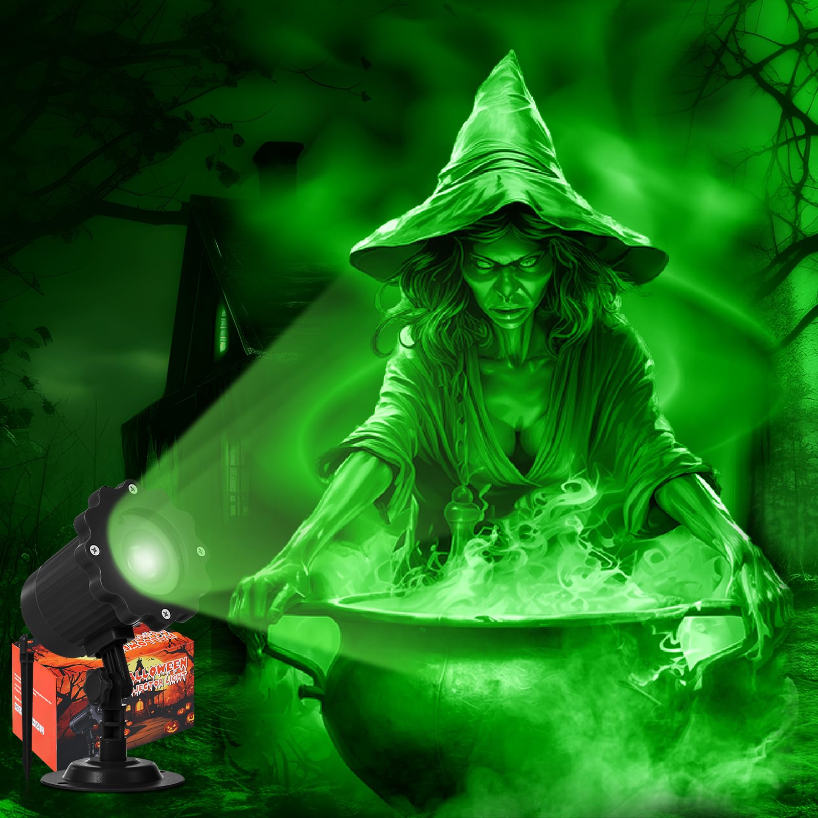Treela Halloween Projector Lights Outdoor Dynamic Witches and Cauldron Lights Decoration Outside Indoor LED Landscape Lamp for H