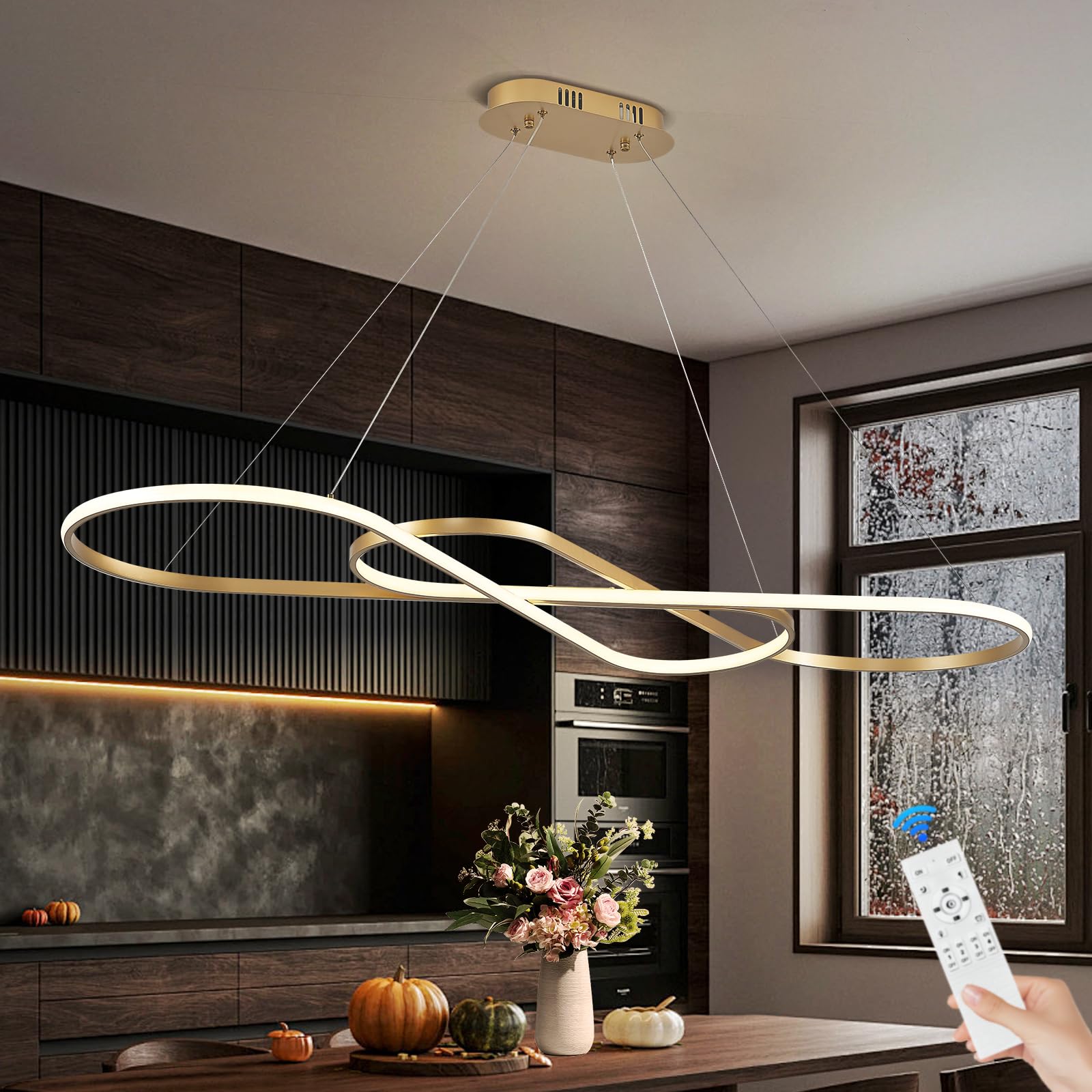 Sparklelf Modern LED Chandelier Gold Dimmable LED Pendant Light for Dining Room Light Fixture Over Table Modern Kitchen Island L