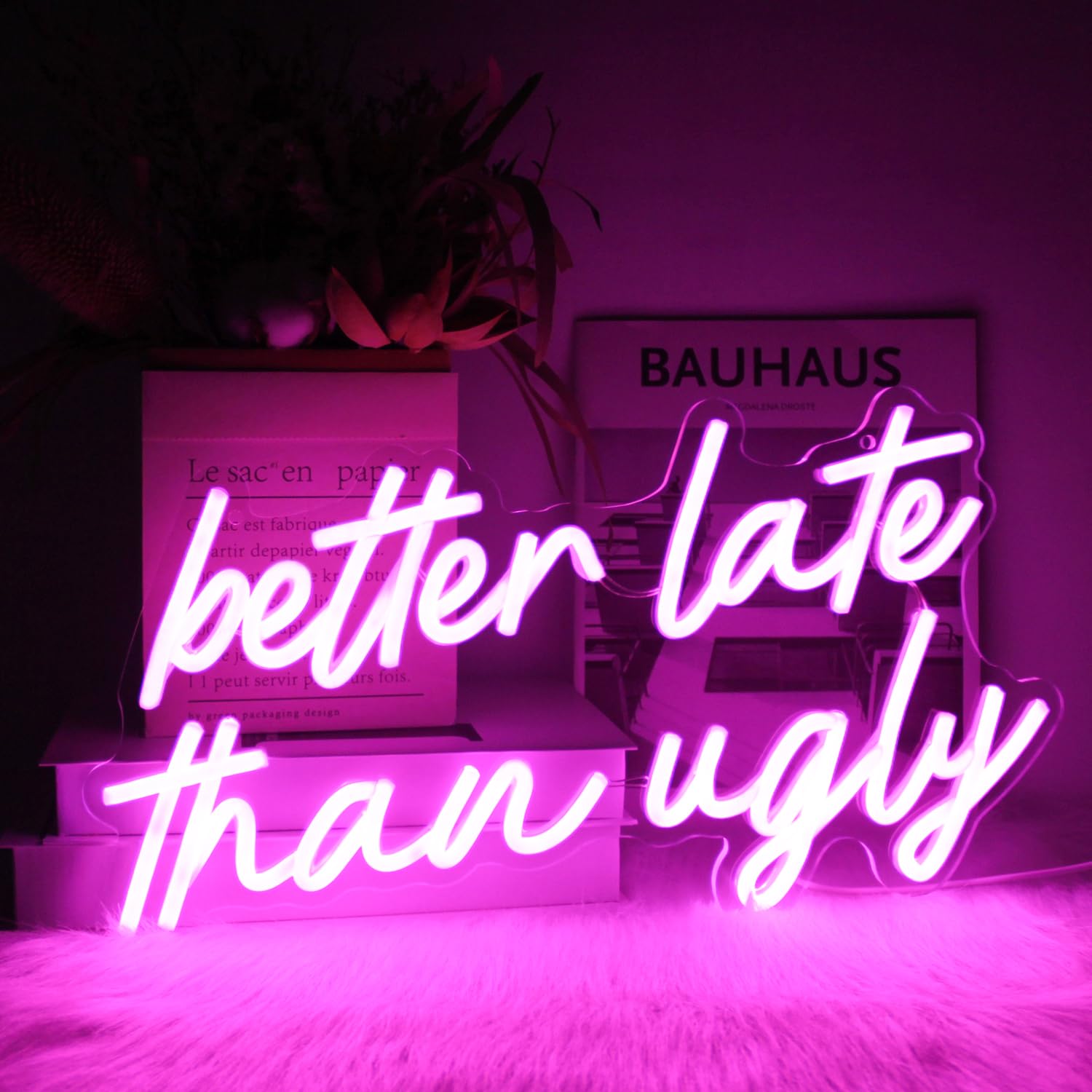 CKTBLEY Neon LED Sign, Better Late Than Ugly, Pink Acrylic Wall Decor, Model CC-Better Late, Perfect for Beauty Rooms and Parties