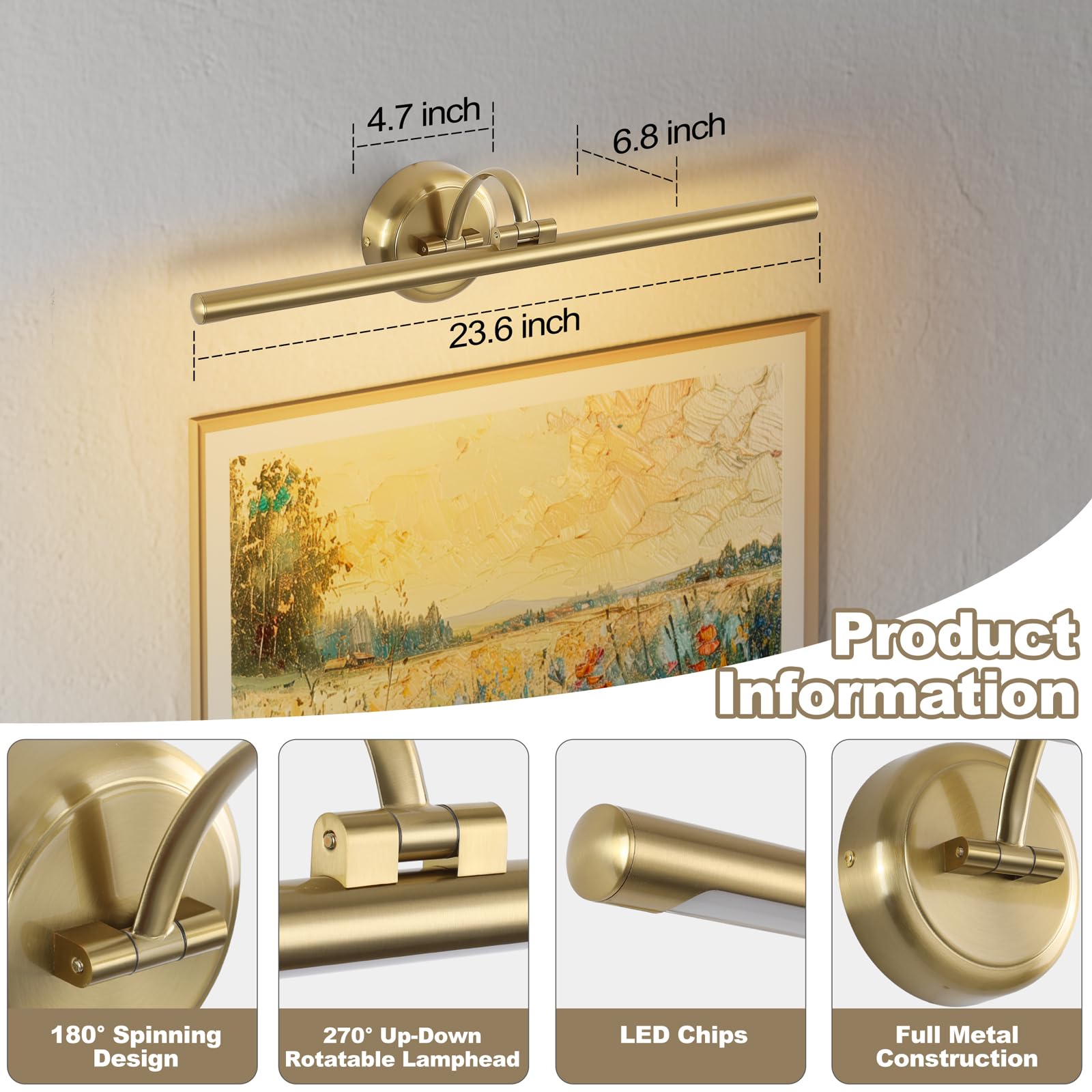 Hard-Wired Picture Lights 23.62 Inch Dimmable Led Wall Art Lighting Modern Brass Gallery Light Poster Lights Adjustable Swing Arm Picture Frame Light For Display Art Work 14W 2700K  Warm White