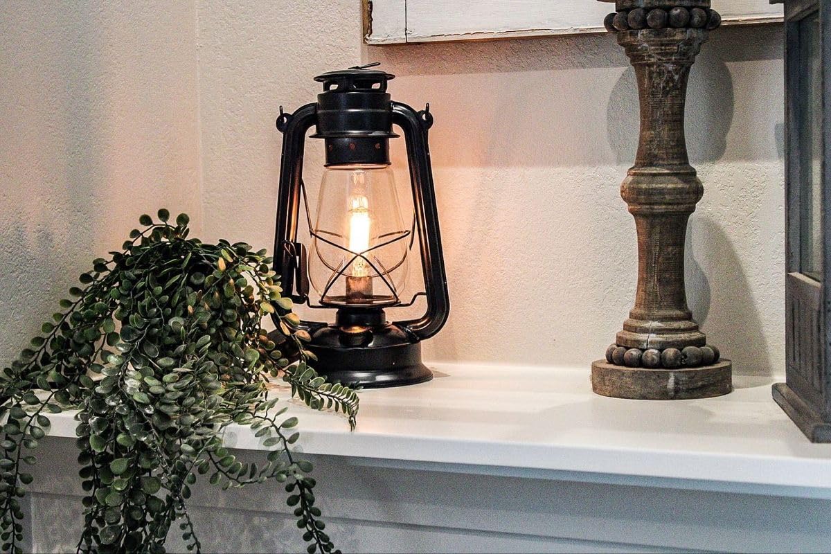 Muskoka Lifestyle Products Rustic Farmhouse Lantern Table Lamp, Dimmable, Glass, Medium Size, Black Finish