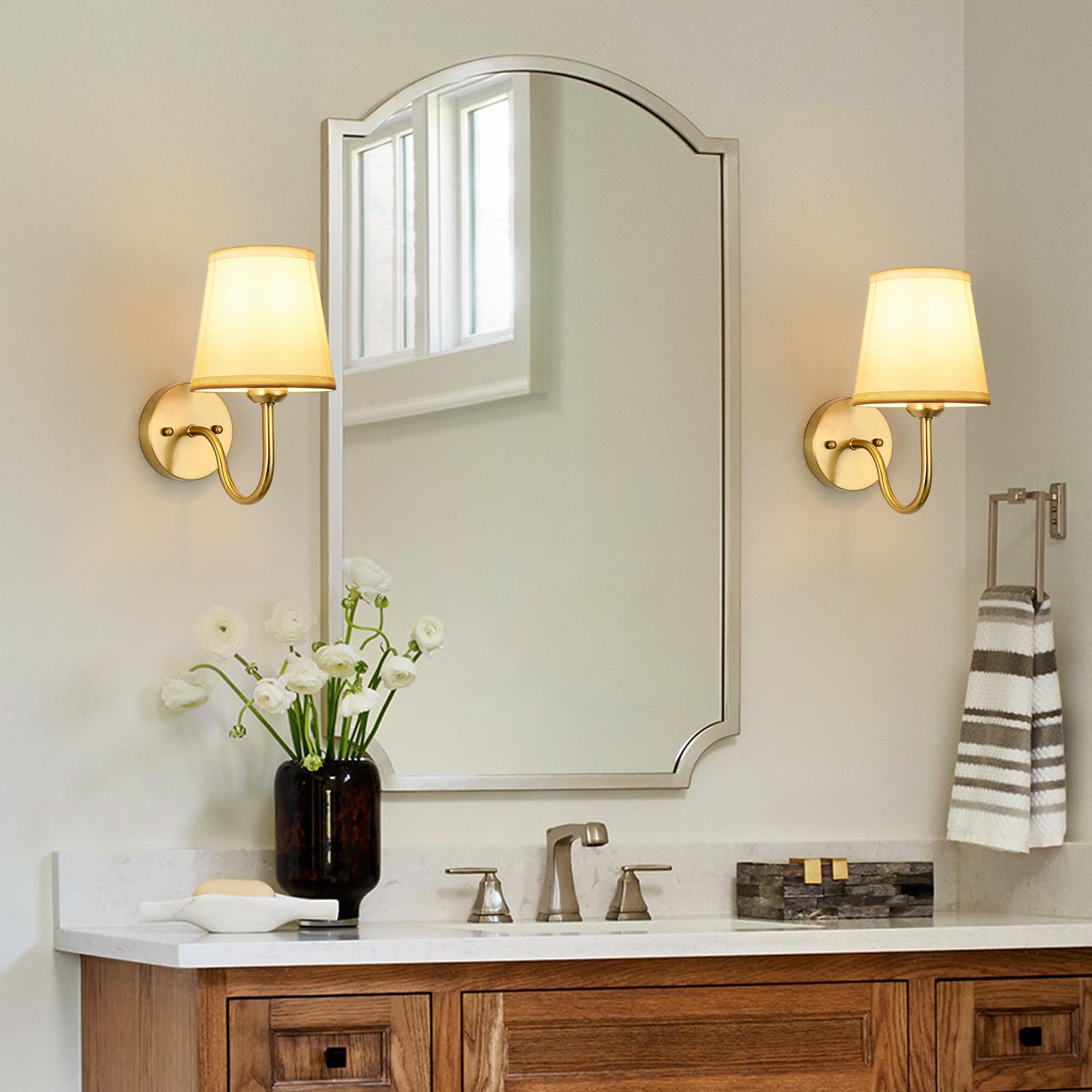 Smeike Gold Wall Sconce Set of 2 - Iron Vanity Lighting with Light Beige Shades, Model LW009-2PK for Bedroom, Living Room, Hallway