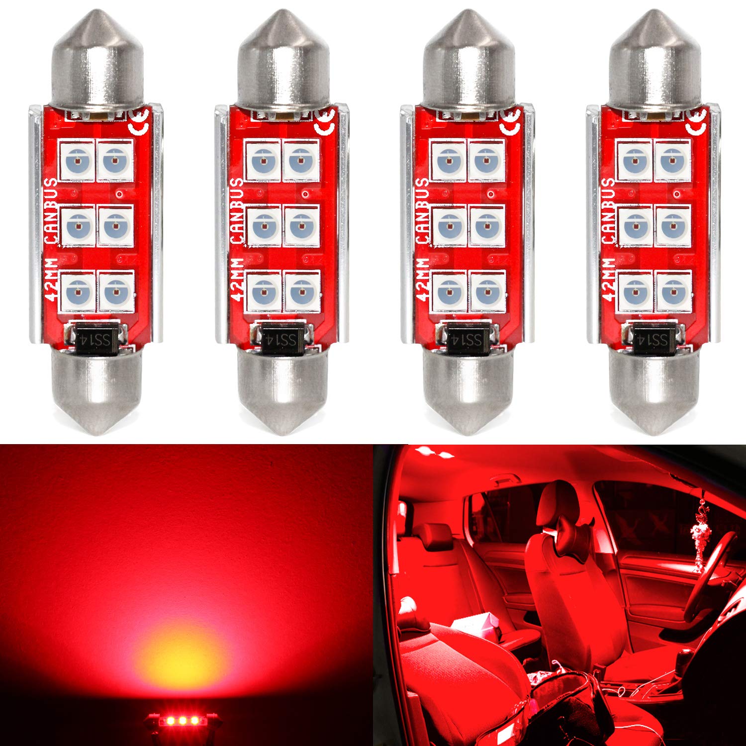 PHINLION LED Bulb 3030 6-SMD Festoon 41mm 42mm Red - 4 Pack, Aluminum for Car Interior Map Dome Trunk Courtesy Light