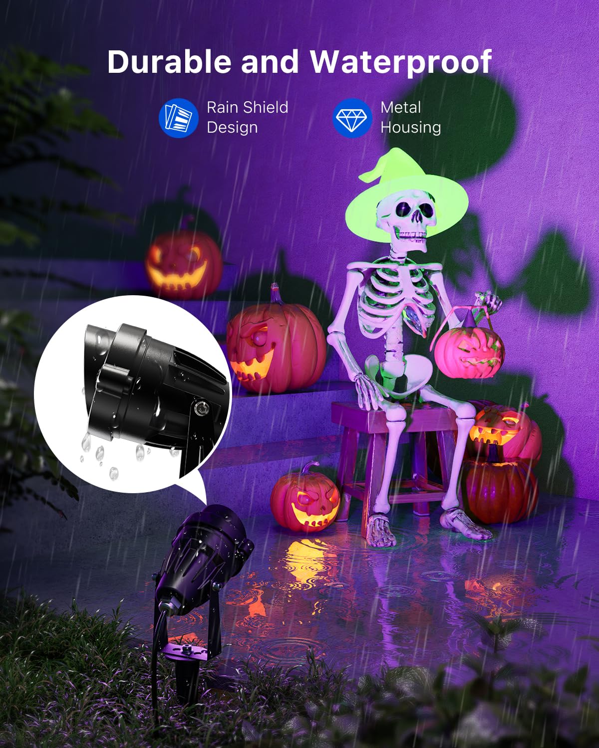 4 Pack Halloween Uv Landscape Spotlights For Outdoor Front Yard Waterproof Wired 120V Blacklight Spot Lights For Skeleton  Pumpkin  Ghost  Tree  Purple Ambiance Lighting For Porch  House  Wall  Lawn