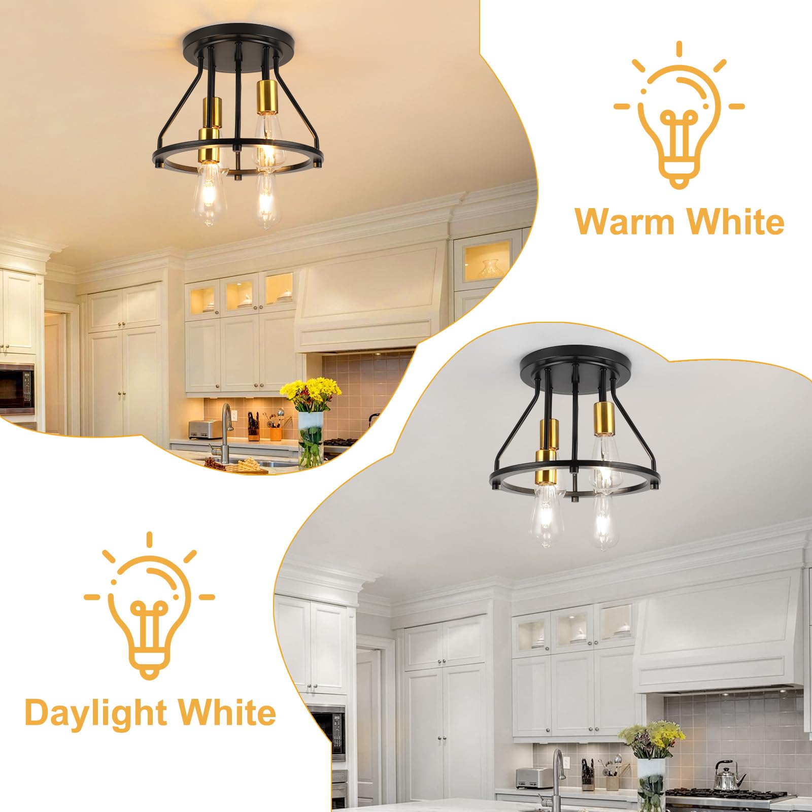 Wilon Semi Flush Mount Ceiling Light 4-Light Ceiling Light Fixtures - Black Gold Farmhouse Kitchen Light Industrial Hallway Ligh