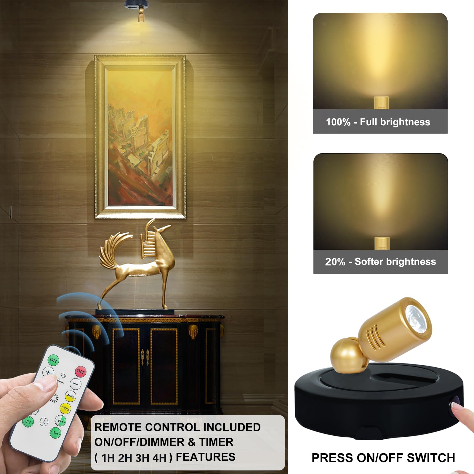 Hamvidne Led Spotlight, Battery Powered Spot Lights With Remote, Tree Up Lights Indoor, Dimmable Plants Spotlights, Picture Ligh