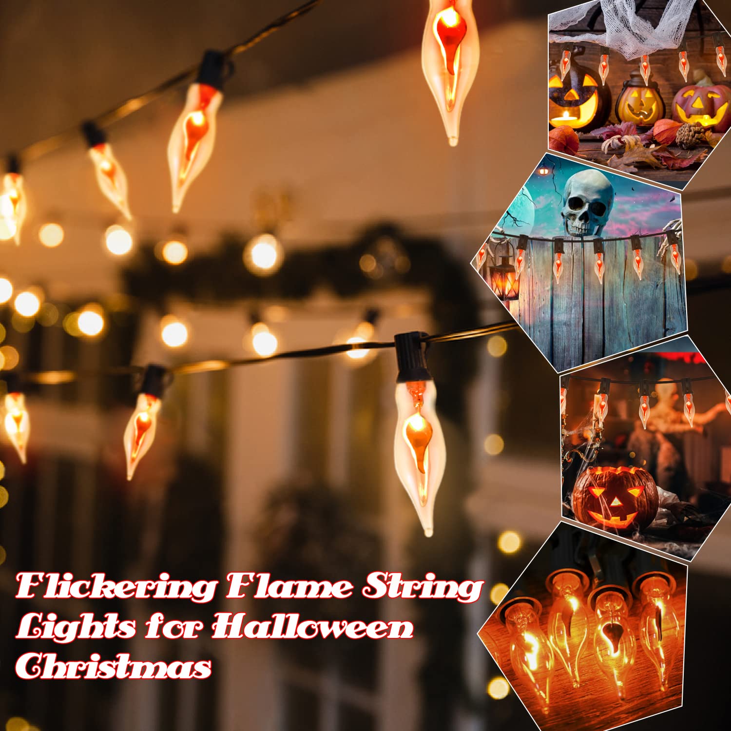 Sotopoo 27.8Ft Halloween Flickering Flame String Lights With 25+2 Pack C7 Clear Flickering Flame Light Bulbs, Halloween Decorations Indoor Outdoor Lights, Halloween Home Party Decor Lights