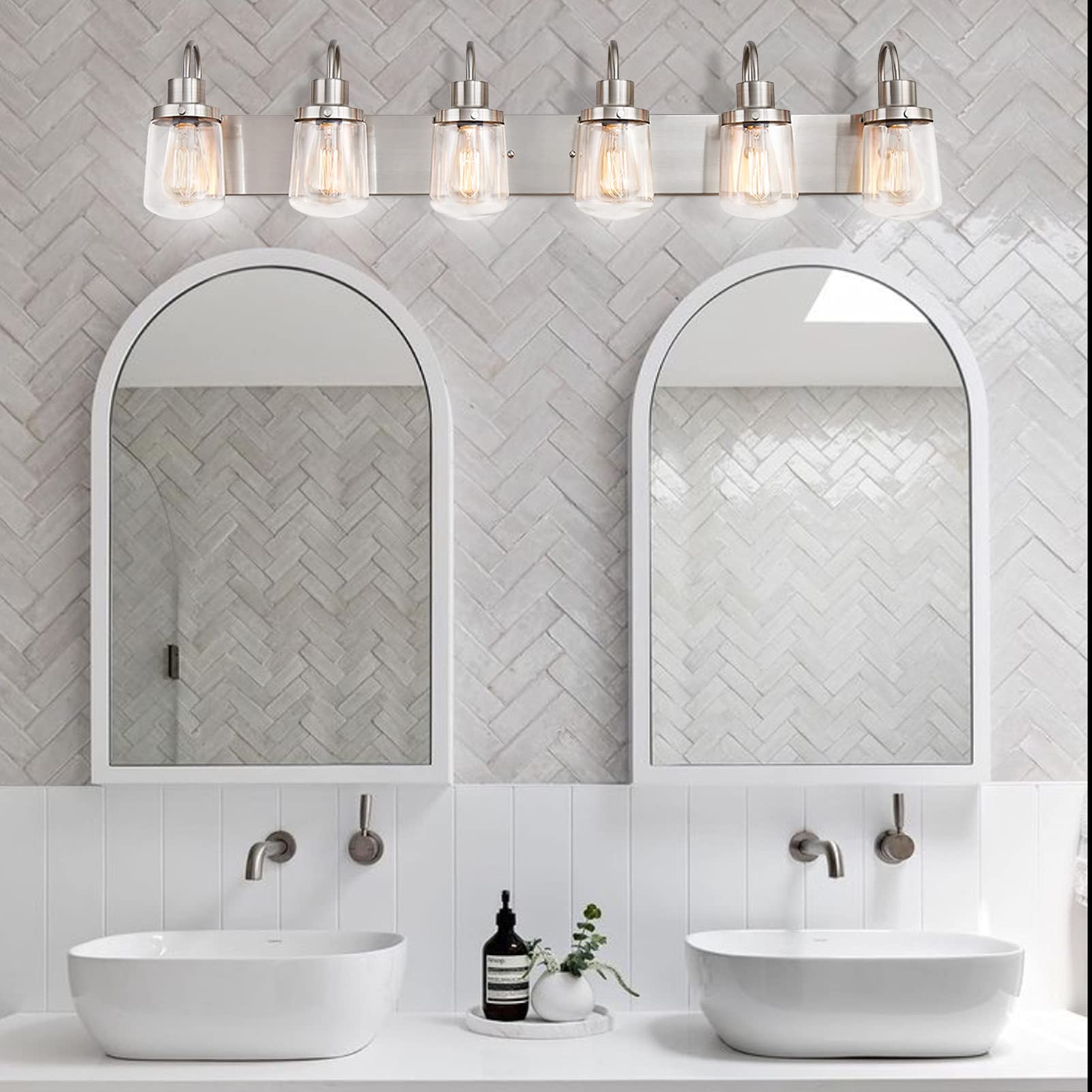 Yaohong 6-Light Satin Nickel Bathroom Vanity Light Fixture With Clear Glass Shades