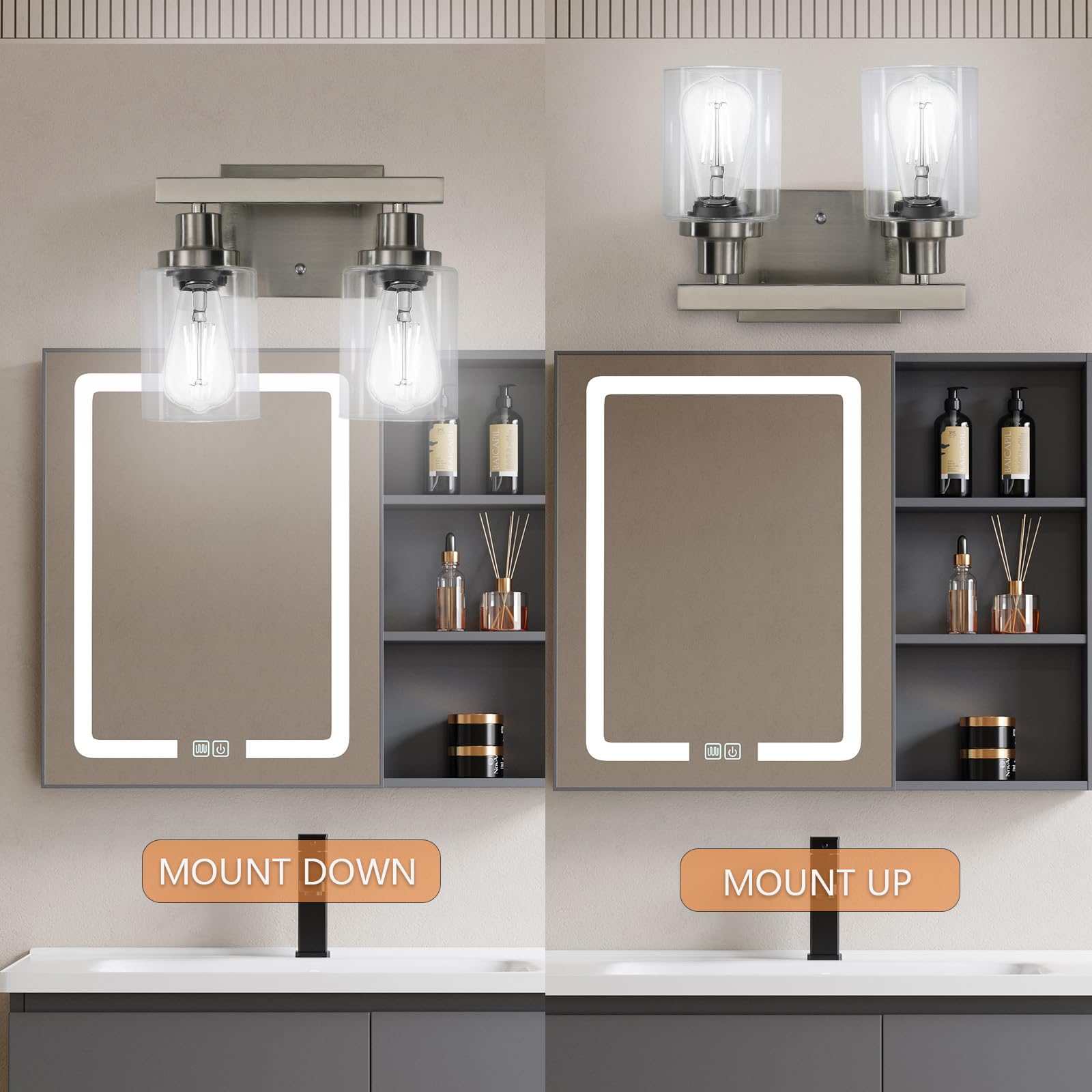 DIKAIDA Bathroom Vanity Light 2-Light Nickel Modern Metal Sconce with Clear Glass Shade NS-2