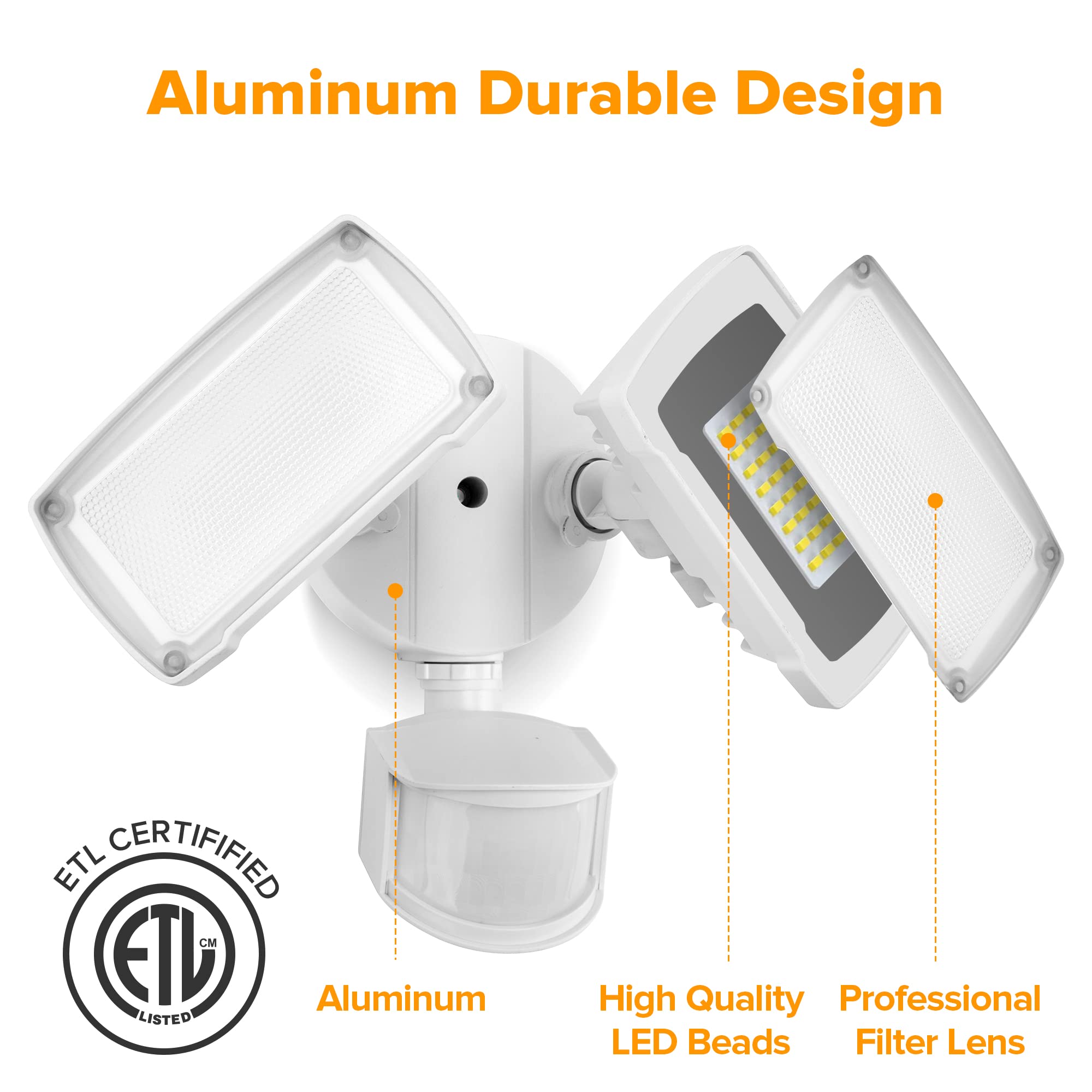 LUTEC 38W Dual-Head LED Floodlight, 3500 Lumen, Motion Sensor, 5000K Daylight, White, Model 7635401053-W, Outdoor Security