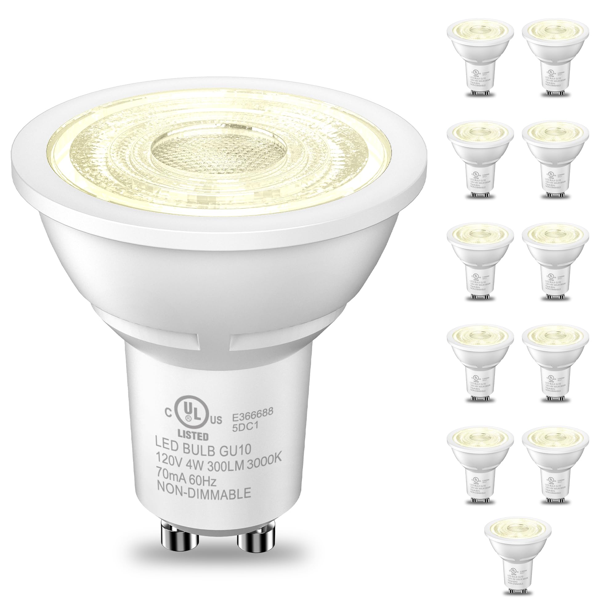 TJOY GU10 LED Light Bulbs Non-Dimmable  4W  3000K Warm White  300LM  Equivalent 35W  2 Prong GU10 Bulbs Replacement for Recessed Track Lighting  MR16 LED Bulb for Living Room  Range Hood  12 Pack