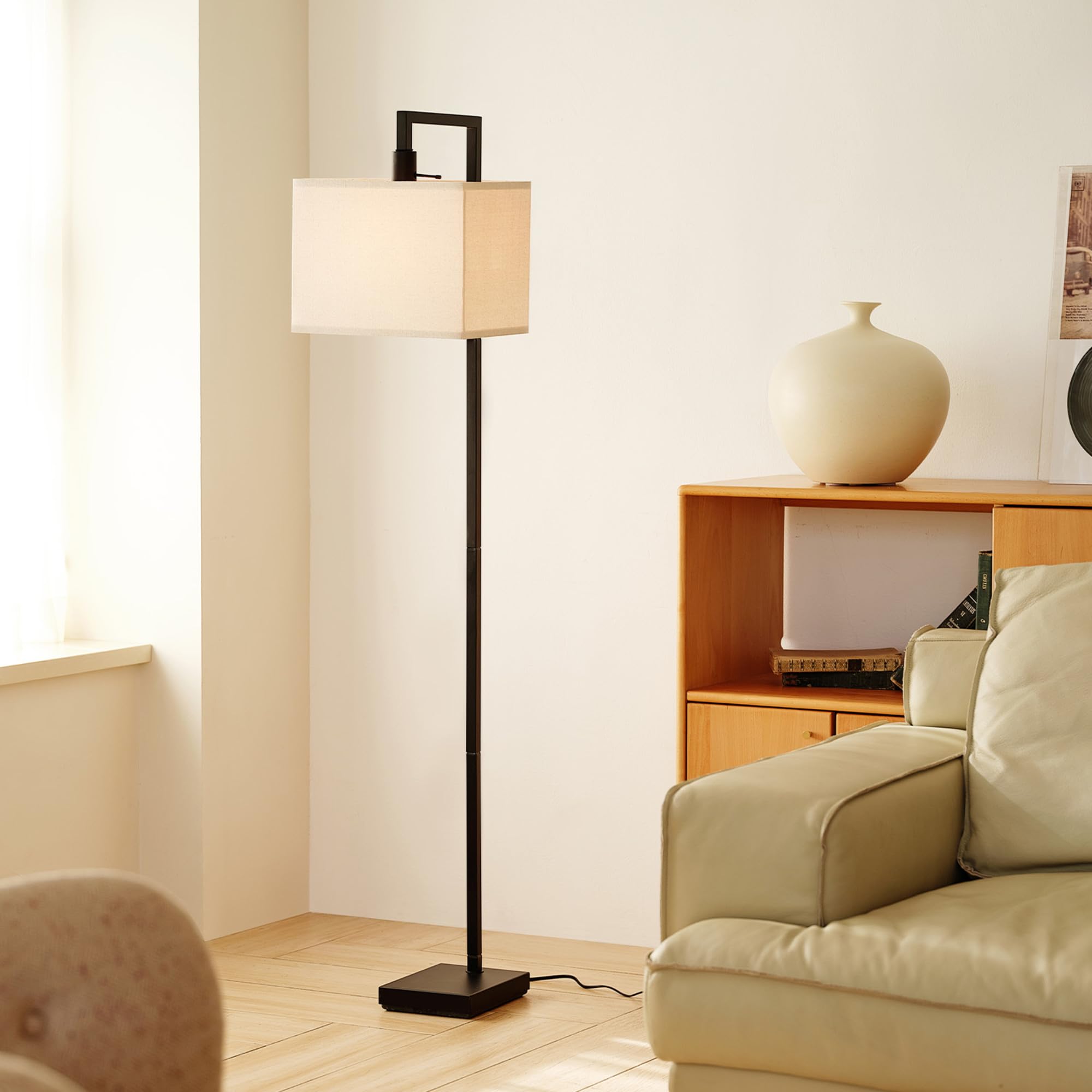 GLOBE 60" Floor Lamp, Matte Black Metal with Square White Fabric Shade, Model 61000052