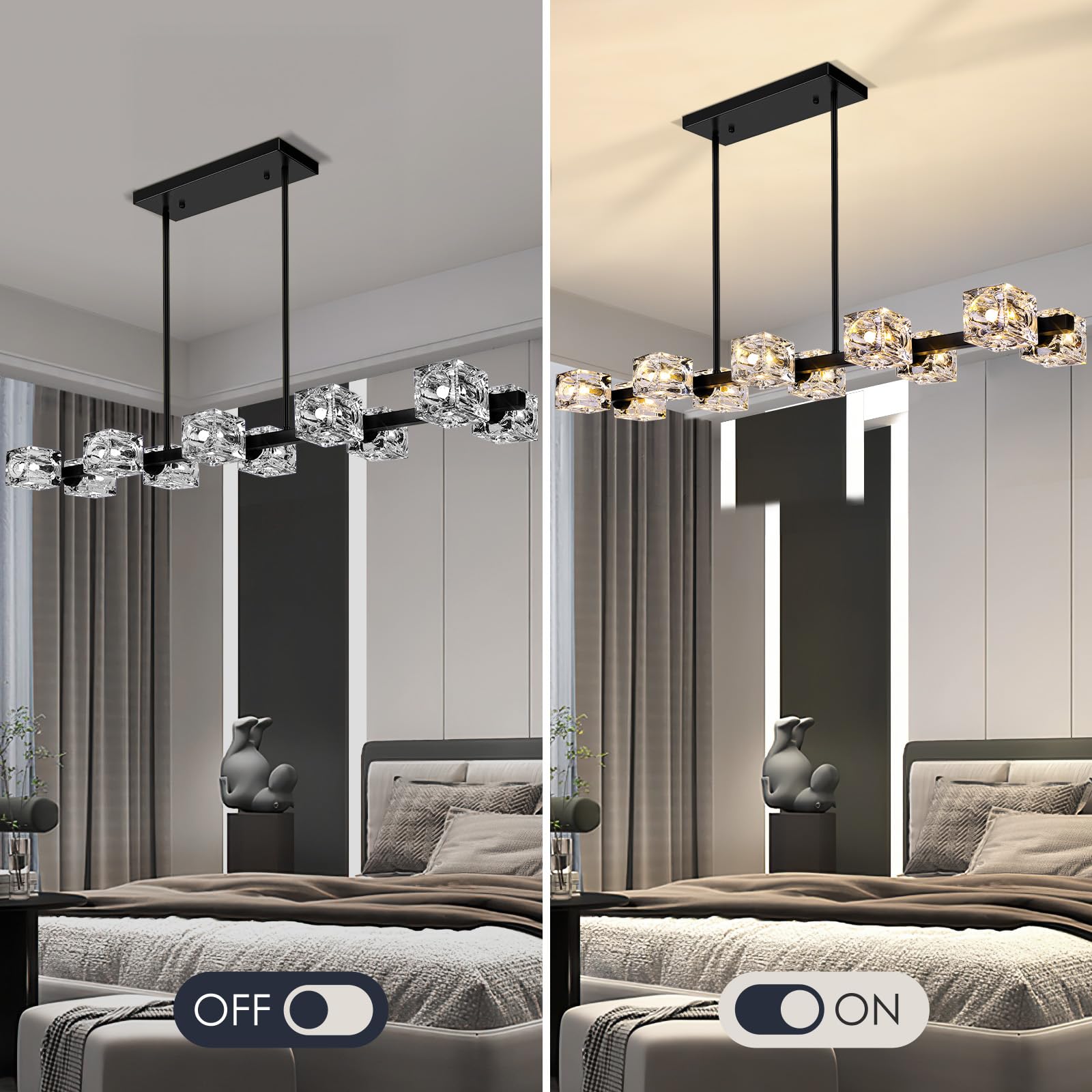10-Light Dining Room Light Fixture, Black Modern Chandelier With Crystal Cube Shade, Industrial Pendant Light Fixtures For Livin