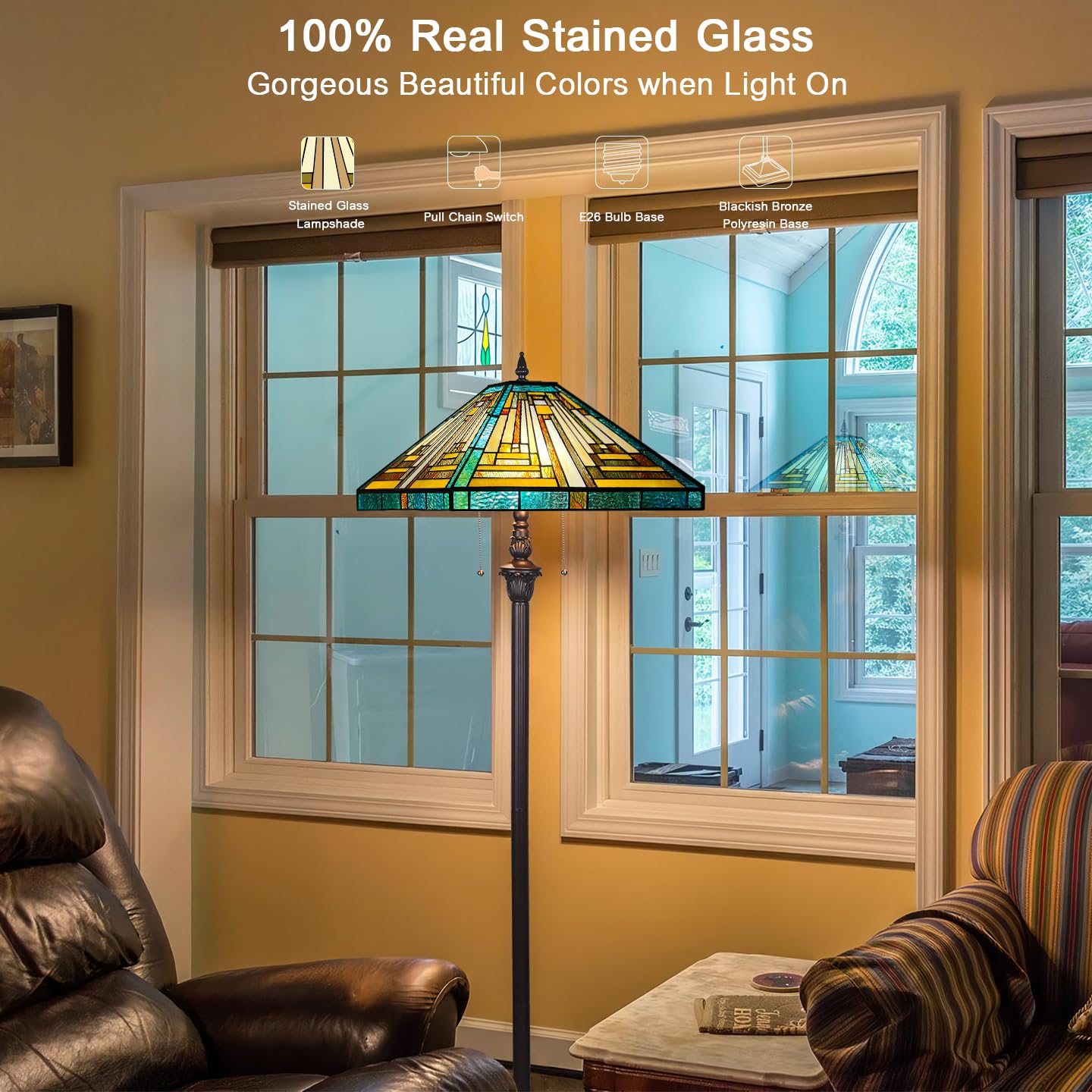 Capulina Tiffany Floor Lamp 2-Light, 63" Antique Style Stained Glass, Amber Green, Model CL164474FL, Ideal for Living Room & Bedroom