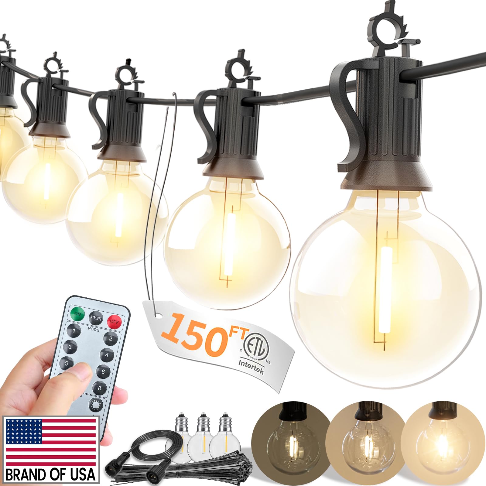 150FT Outdoor String Lights with Remote Controller - G40 Globe LED Patio Lights with Dimmable Shatterproof Edison Bulbs, Waterpr