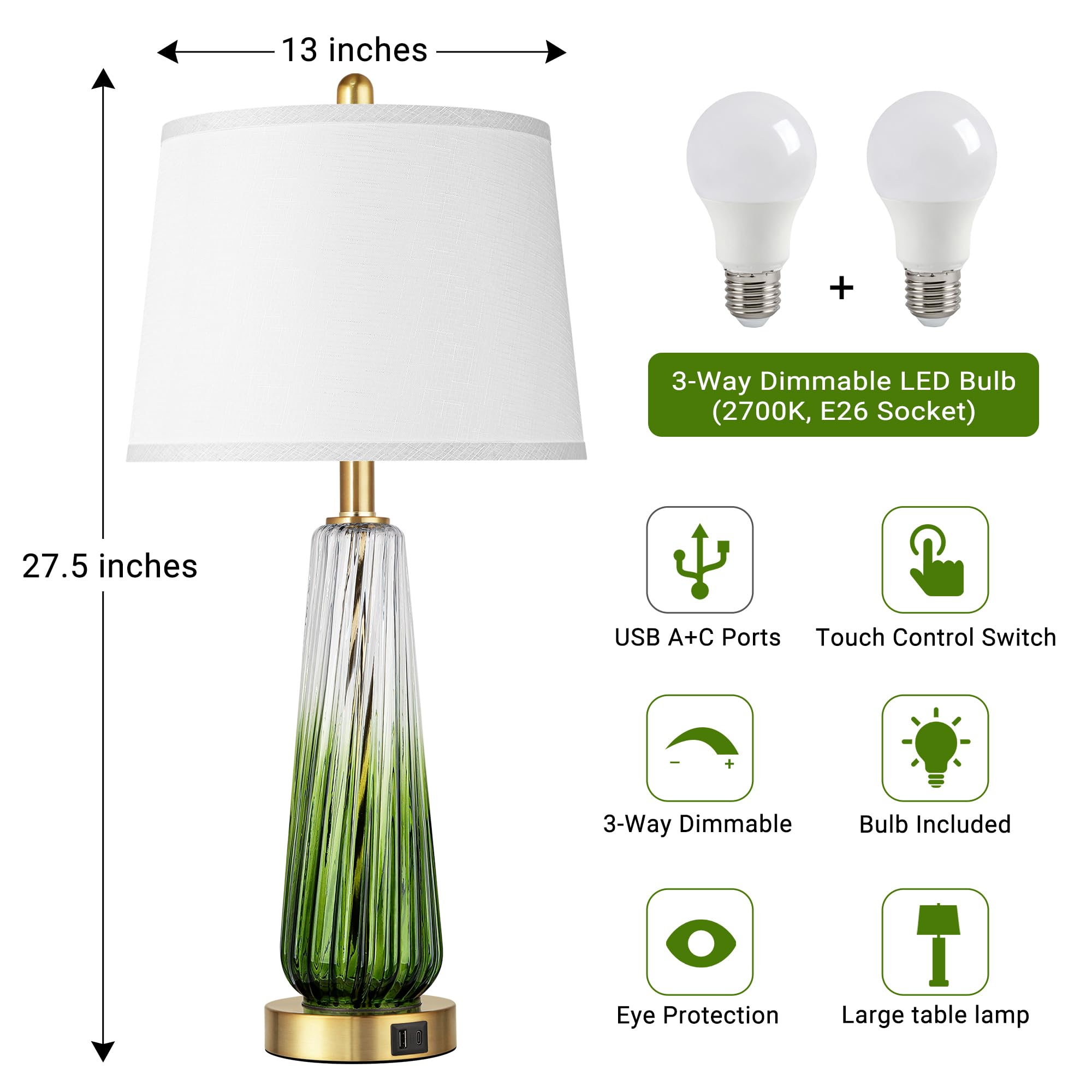 QiMH Glass Table Lamps Set of 2, 27.5" Modern Touch Control with USB Ports, Green Linen Shade, Ideal for Bedrooms and Living Room Decor