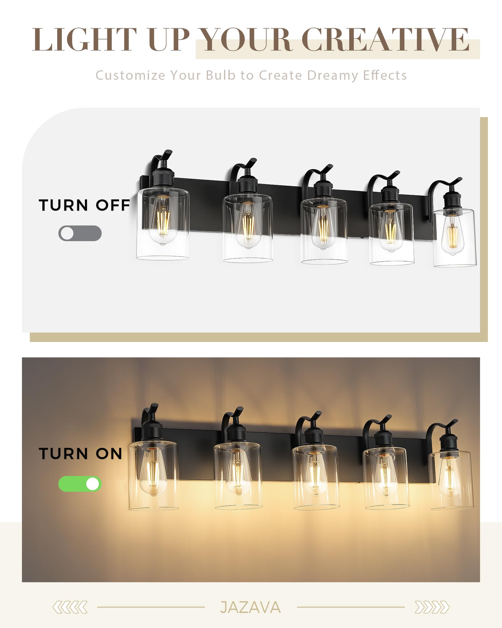 JAZAVA 5-Light Bathroom Vanity Light, Modern Black Wall Sconces with Clear Glass Shade, Model ZCVL01BK-5