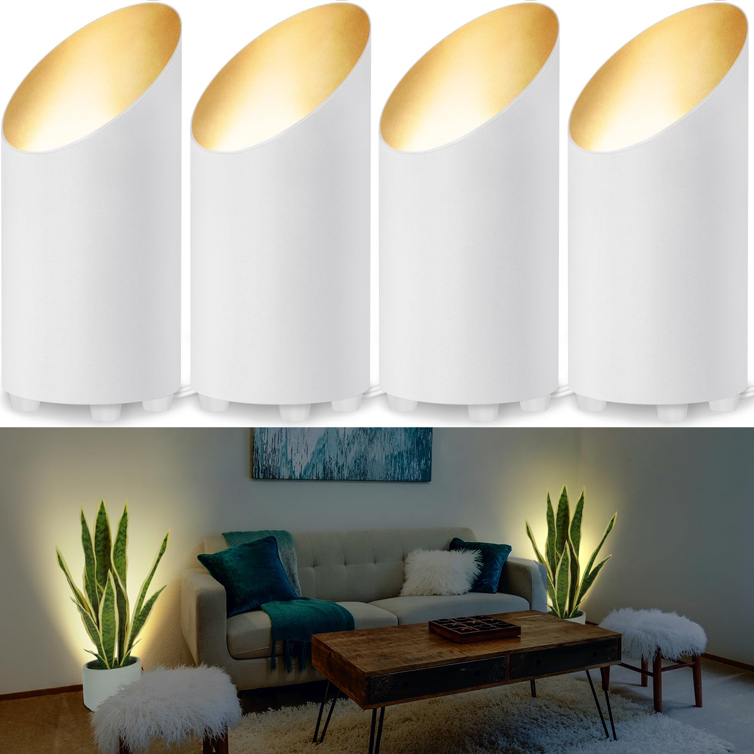 SUNVIE 4 Pack Indoor Up Lights 5W GU10 2700K Bulbs White Aluminum FCL01W04 with 5.9 FT Cord & Foot Switch