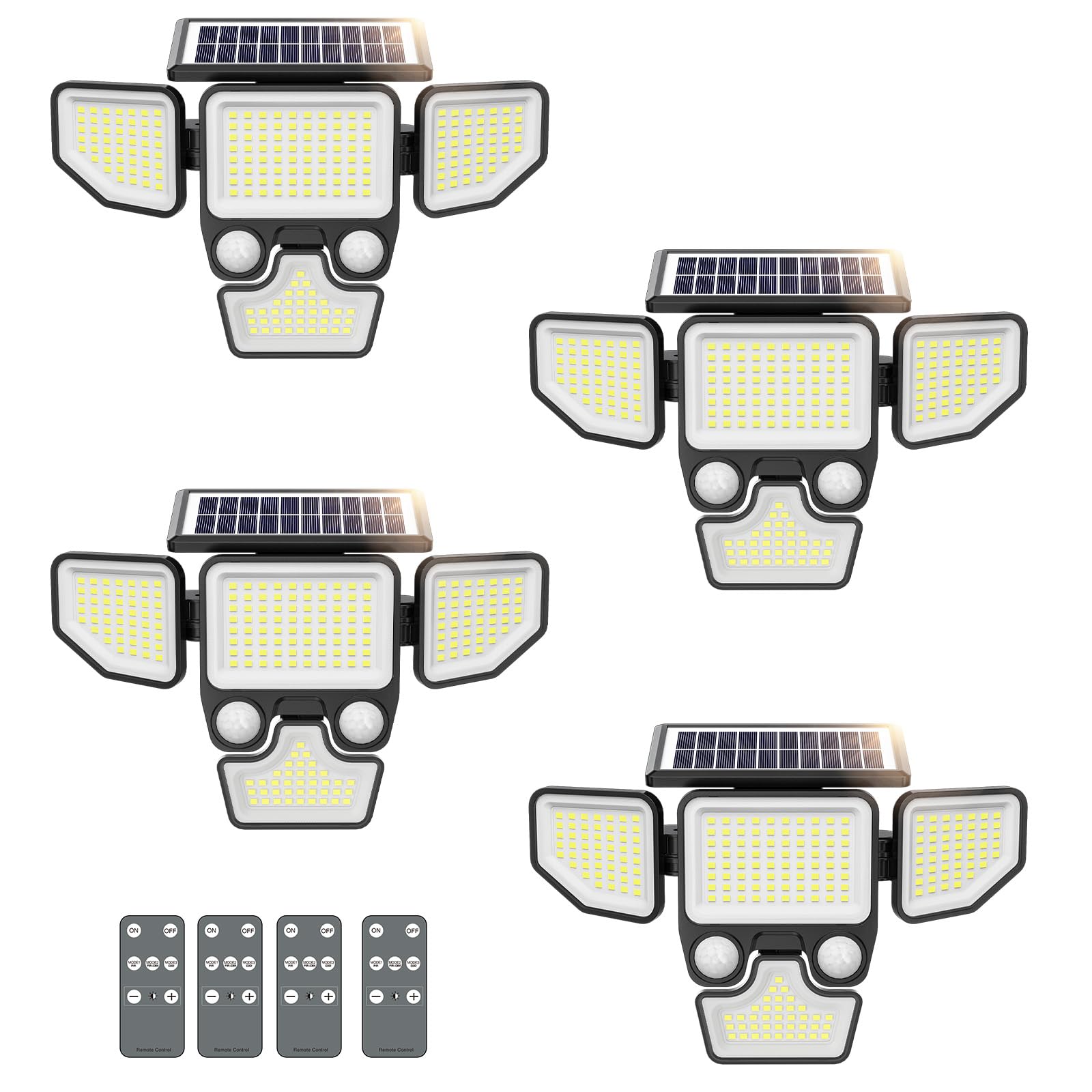 Onforu 3000LM Solar Security Lights, 4 Heads, 180 LEDs, IP65 Waterproof, Remote Control, Black, Model BDTYE06-4, 4 Pack
