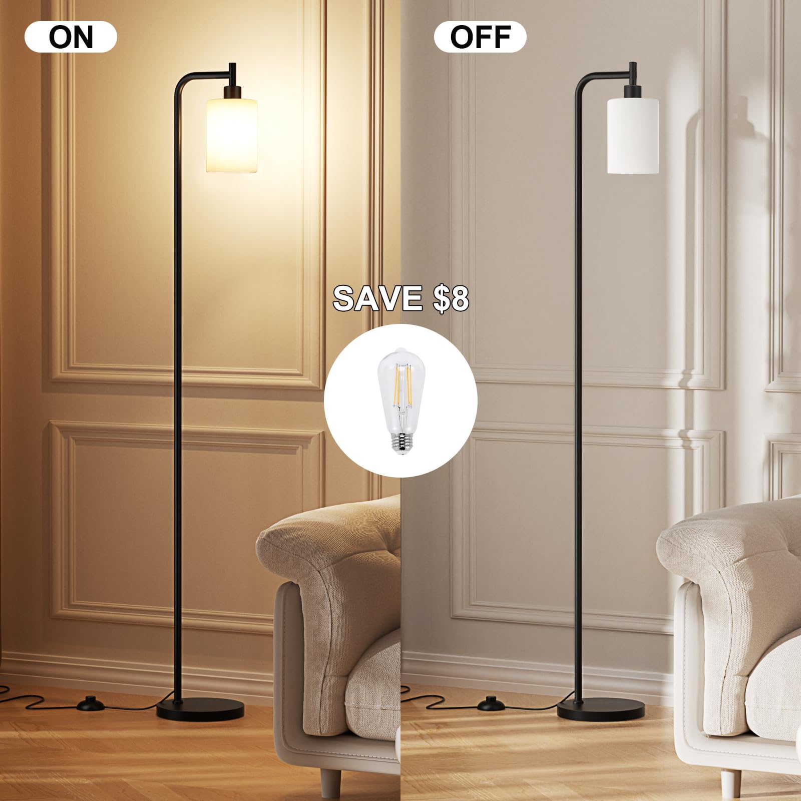 Ziisee Floor Lamps For Living Room - Standing Lamp With Frosted White Glass Shade, Modern Industrial Floor Lamp With Led Bulbs, Black Tall Lamp For Bedroom Office(Light Bulb Included)