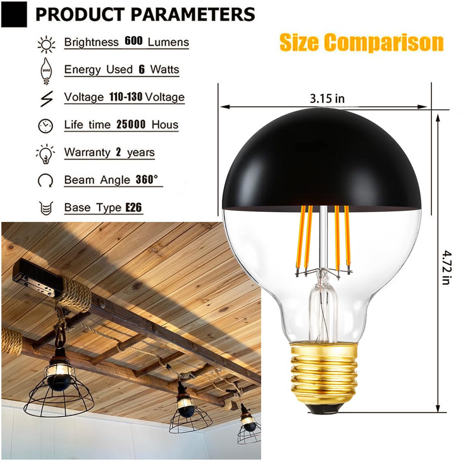 Leools Dimmable Half Black Light Bulb, 6W (60W Eqv.), Anti Glare Led Light Bulbs,2700K Warm White, E26 Silver Dipped Bulb, G25 G