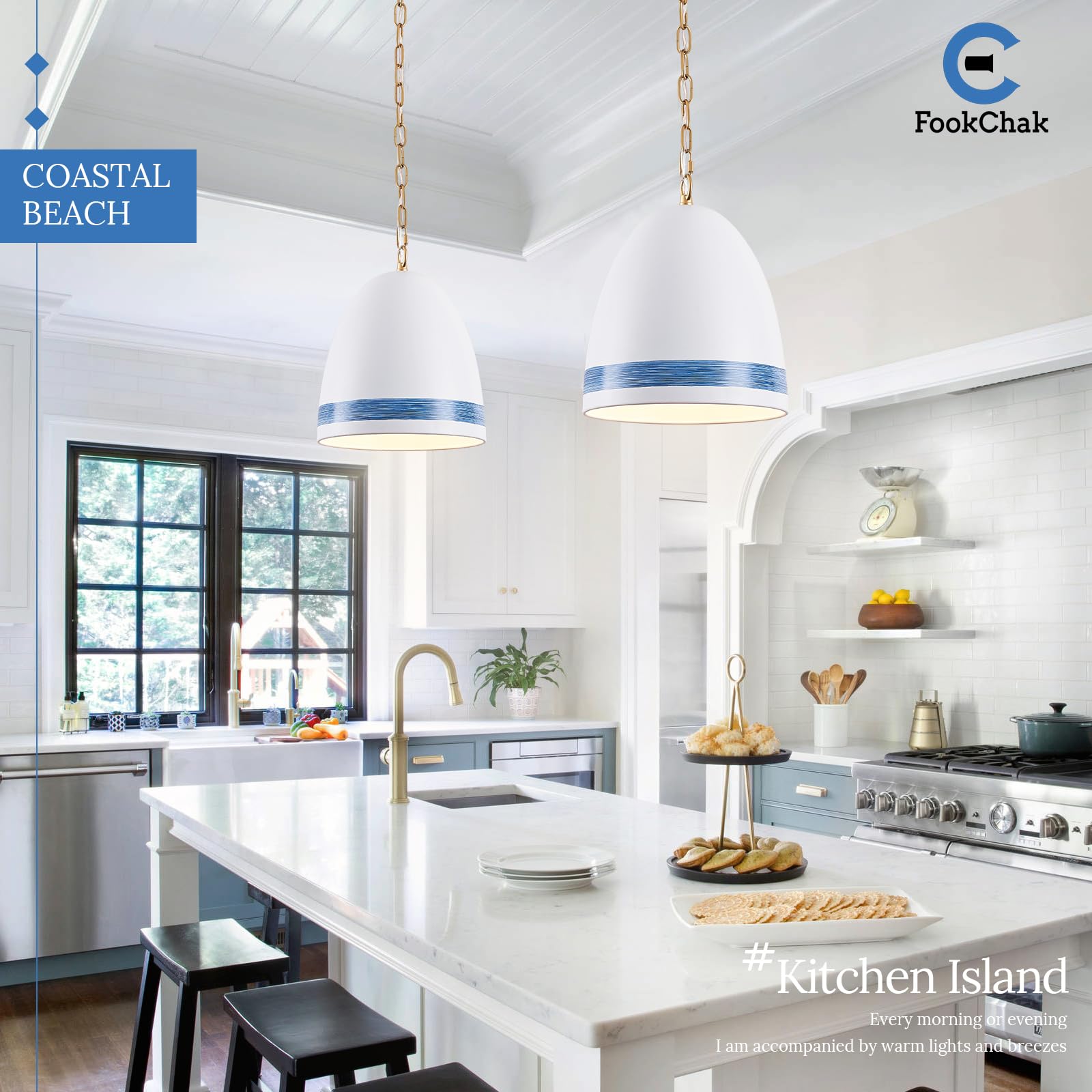 Fookchak Coastal White Pendant Light Metal Dome Kitchen Island Pendant Lighting With Chain 10In Large Pendant Hanging Light Over