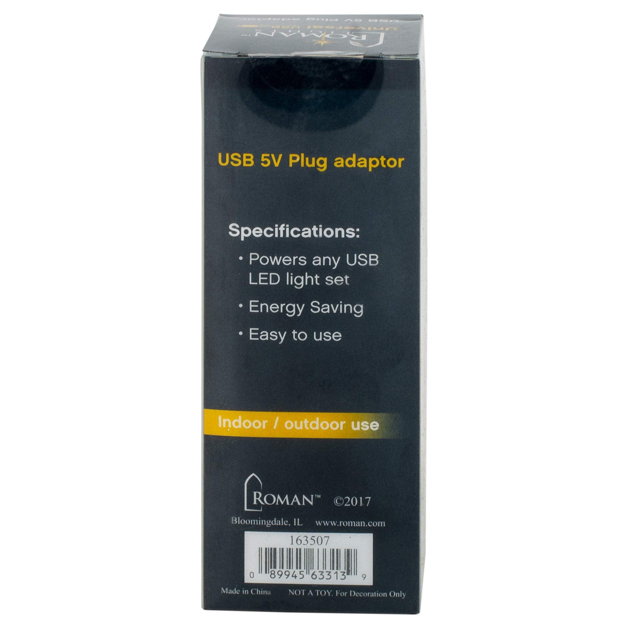 Roman USB UL Plug Adaptor - Indoor/Outdoor IP44, 5V, Black, Model 163507, Durable Plastic, Compact Size 4 X 2