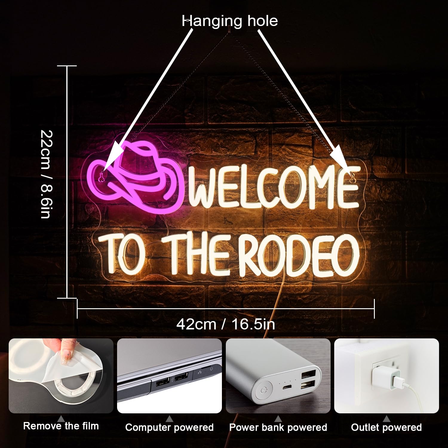WLHOPE Neon Sign Cowboy Hat LED Lights Dimmable 16.5 x 8.6 inches Acrylic Wall Decor Welcome to The Rodeo