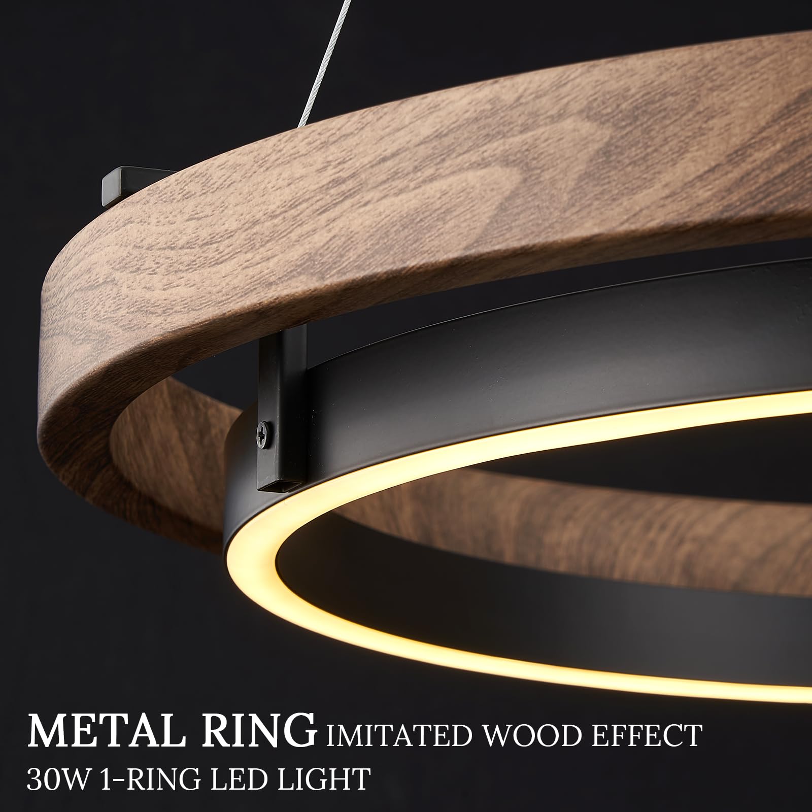 CaraLuxe LED Ring Chandelier, Dimmable 24in Black & Walnut Wood, Model CLP31B for Dining Room, Entry, Bedroom, Office, Living Room
