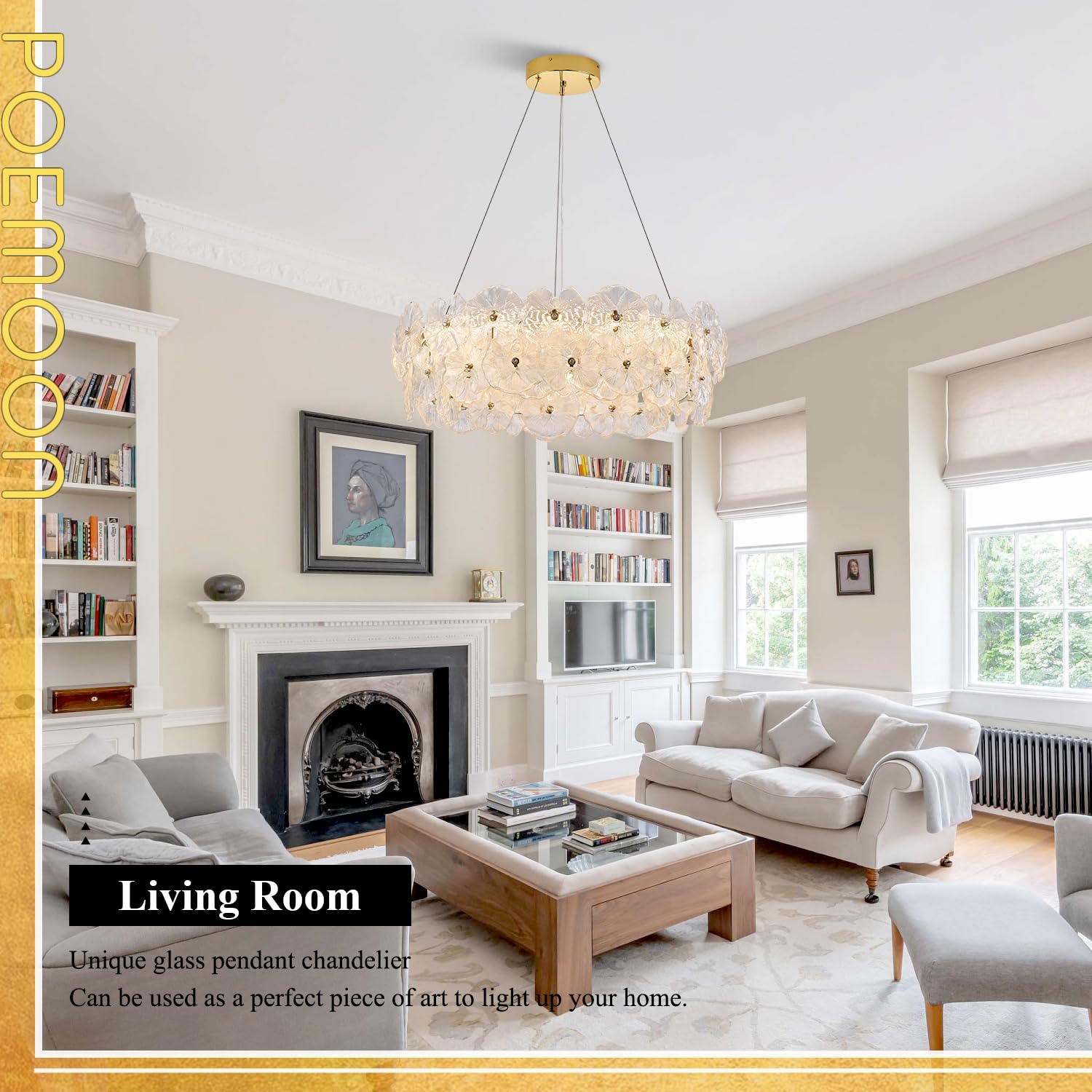 Poemoon 30" Luxury Glass LED Chandelier, Gold-Lotus, Dimmable 3000-6500K, Remote Control, Model P56-800G1 for High Ceil