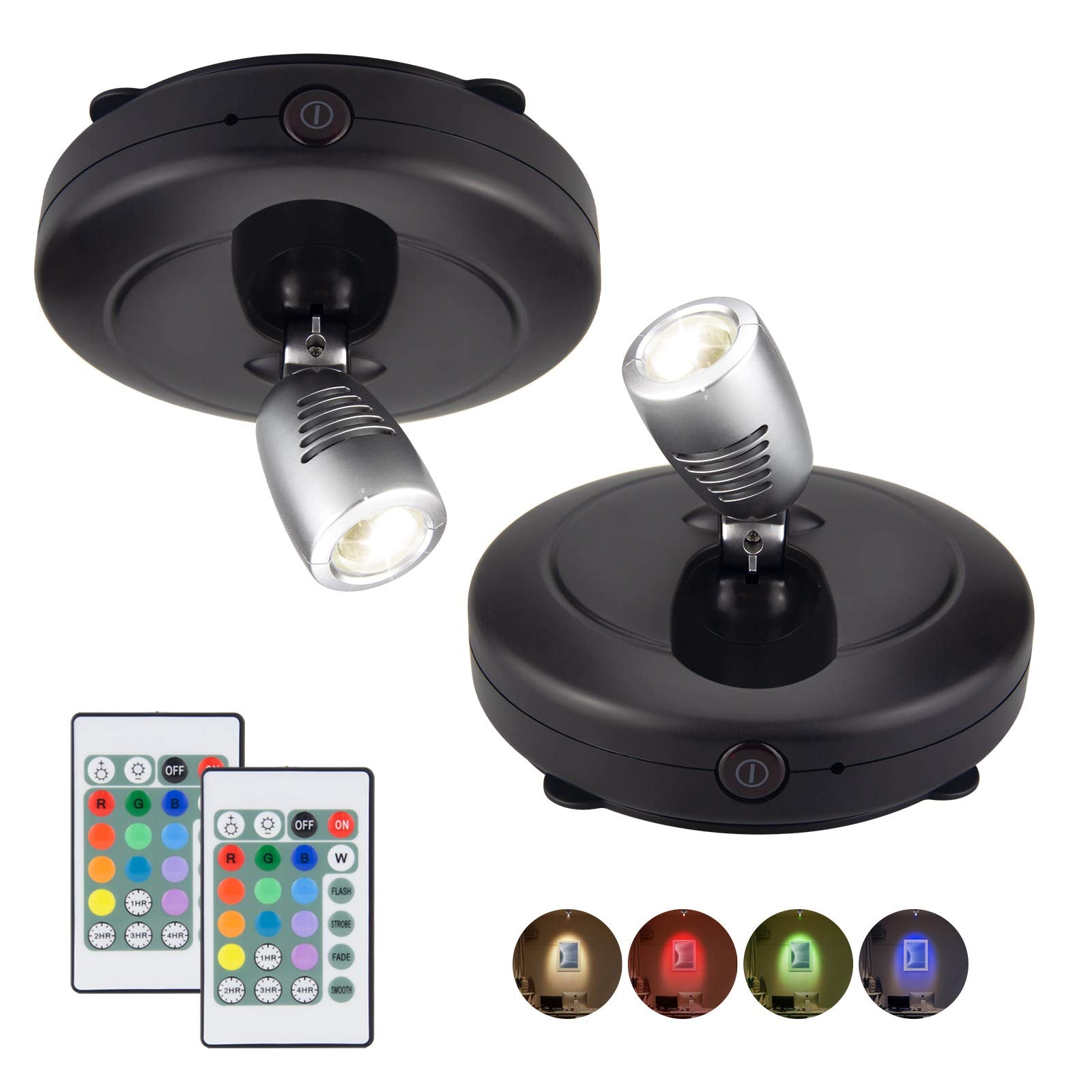 LUXSWAY Mini Accent Spotlights, Battery Operated LED Puck Lights, 12 Color Changing, Dimmable, Black+Silver Head, 2 Pack