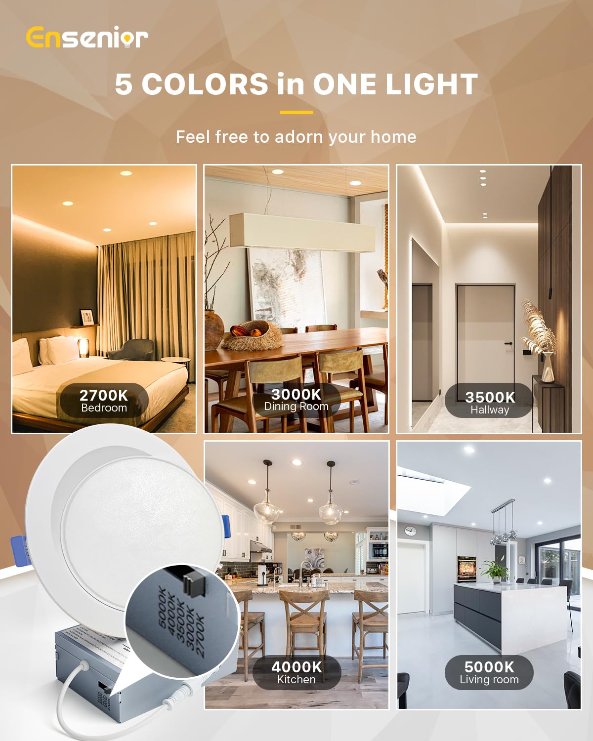 Ensenior 6 Pack 6" Gimbal LED Recessed Lights, 90° Rotatable, Dimmable, 5CCT Selectable, 1200LM, FCC Certified