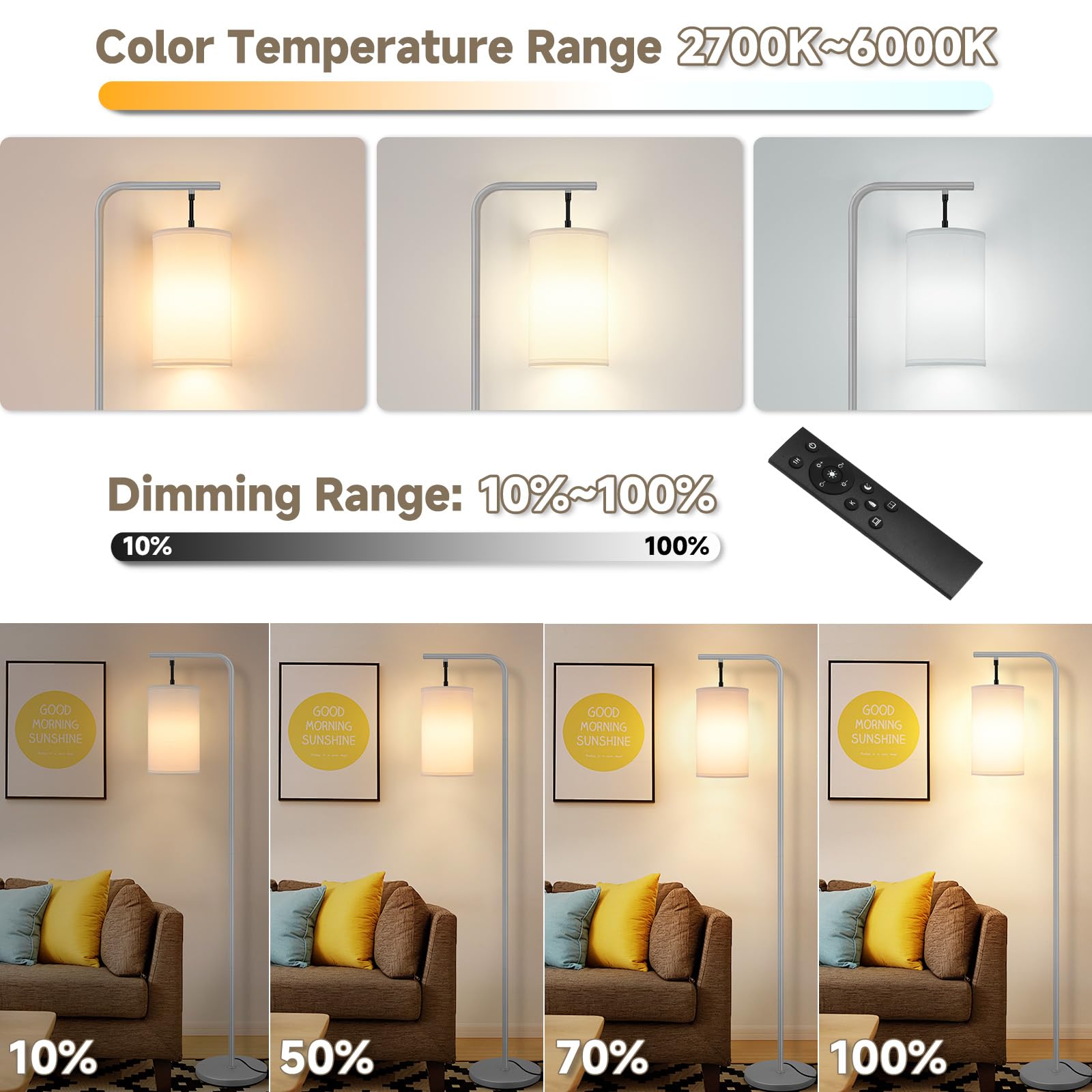 Coucrek Floor Lamp - 9W LED, Remote Control, Custom Color Temperature & Brightness, Tall Standing, Gray, Model F109