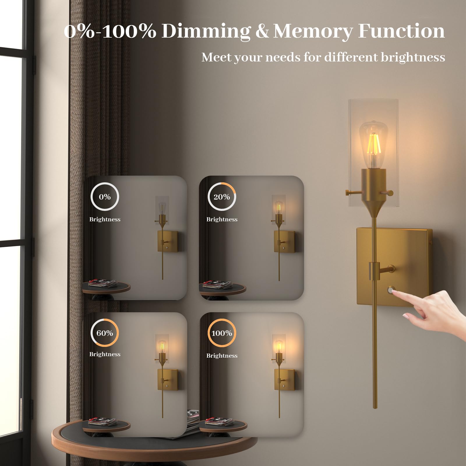 ThyFenno Battery Operated Wall Sconce Set of Two, Dimmable Brass Lamps with Remote Control, TF-1T T1L, Bulb Included