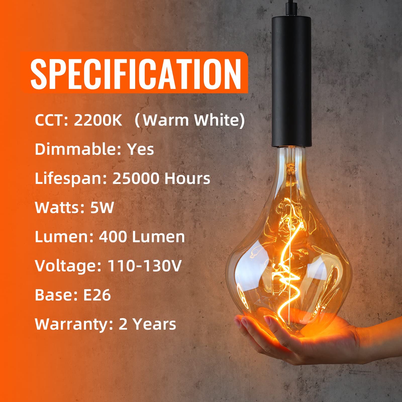 Omed Led Large Edison Bulb Oversized 2 Pack, E26 2200K Warm White Dimmable Vintage Giant Light Bulb, 5 Watt 400Lm Extra Big Ambe