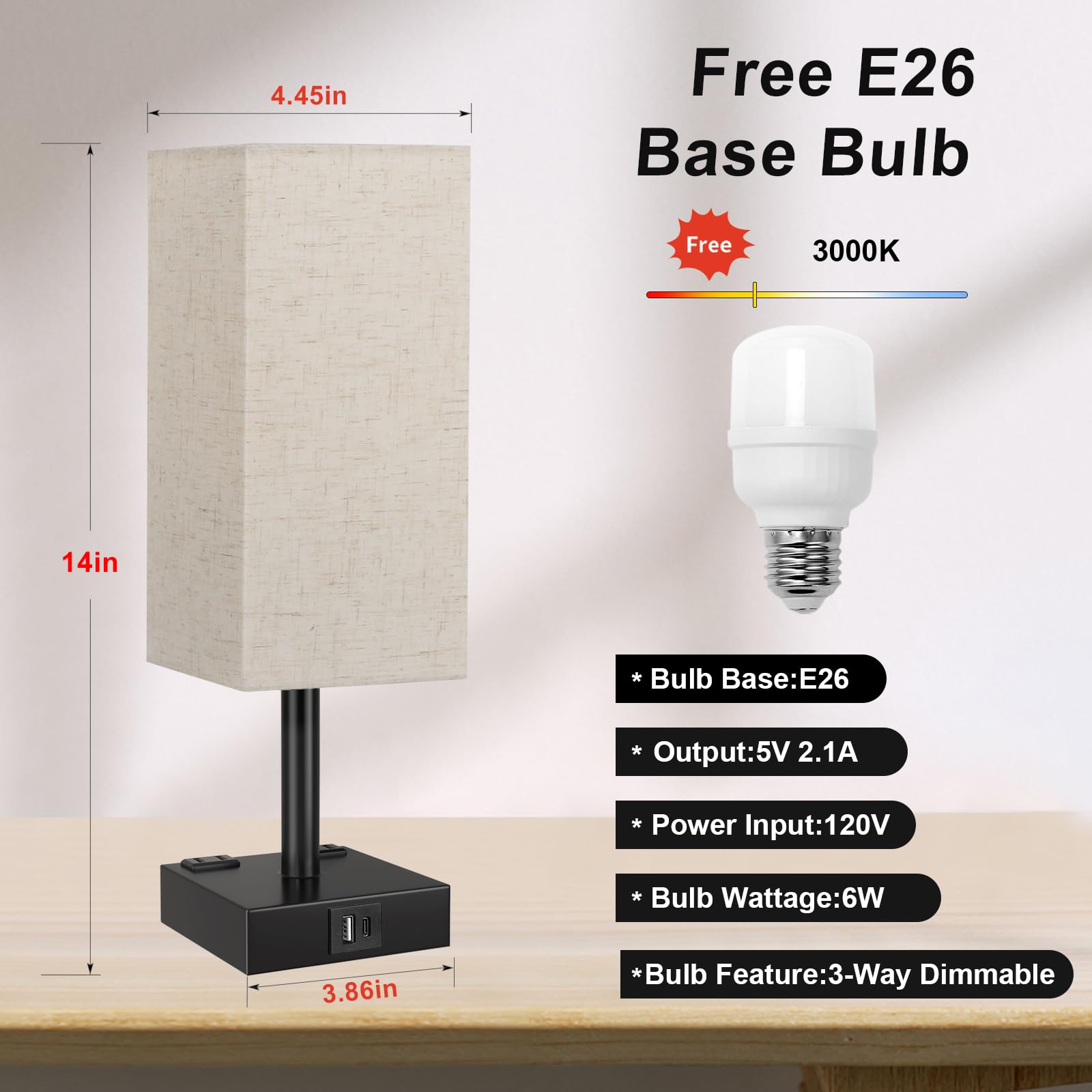 aooshine Touch Bedside Table Lamp - 3-Way Dimmable, USB A & Type C Ports, 14in Beige, Metal, Model 3-11