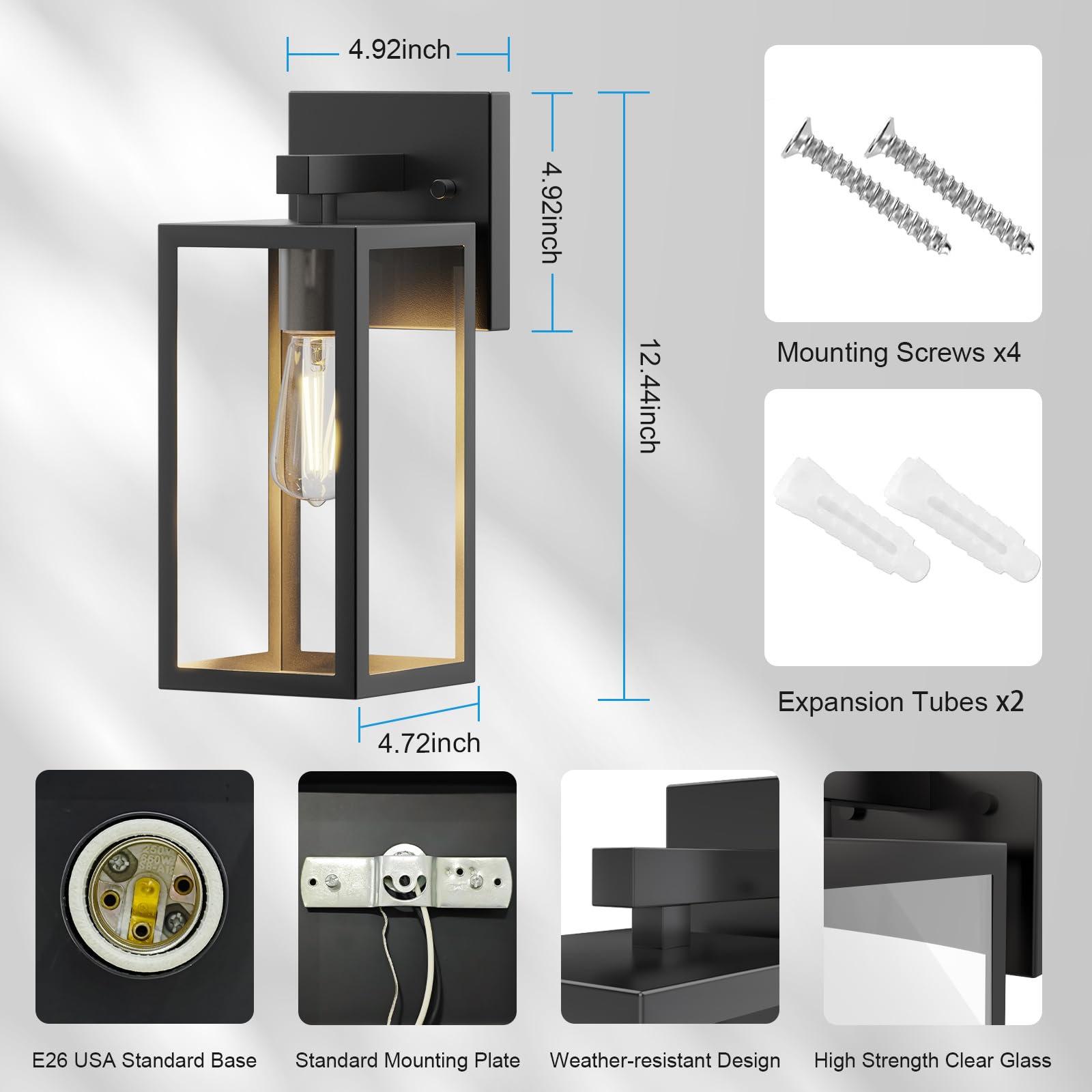 Outdoor Wall Lights, 12.4 Inch Waterproof Lanterns With Frame And Clear Glass Shade, Exterior Front Porch Lights Matte Black Wal