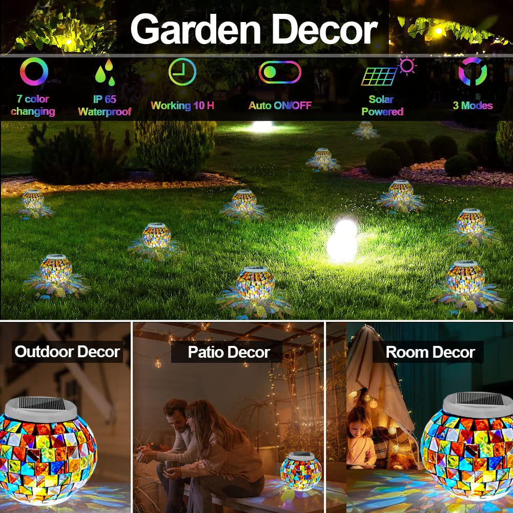 Aukora Solar Powered Color Changing Glass Ball Lights, Big Mosaic, Waterproof LED Night Light for Garden, Patio, Party, Indoor/Outdoor