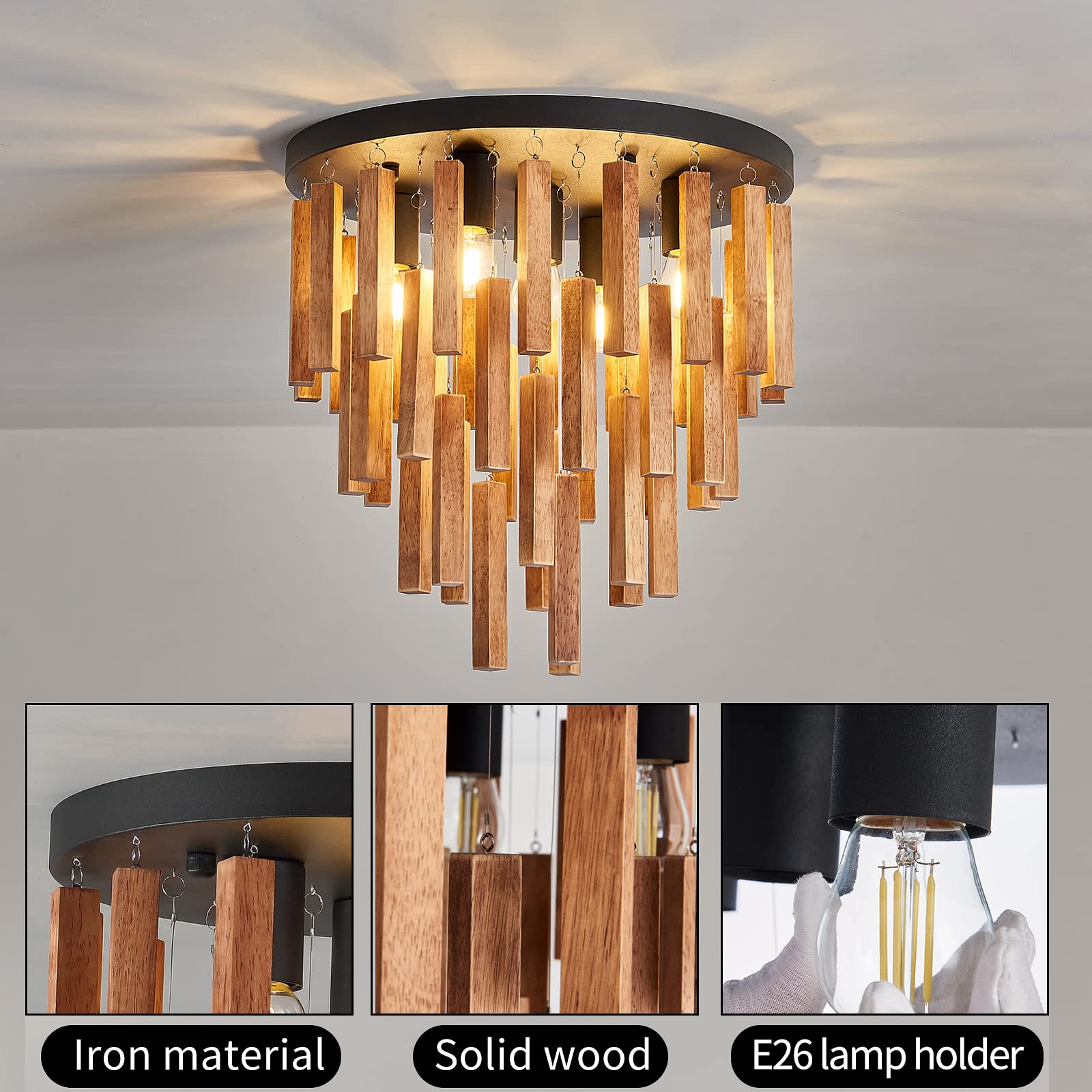 Fivootvi 5-Light Semi Flush Mount Ceiling Light Fixture, Rustic Wood Chandelier, Iron, 15.7in, Oak and Black for Farmhouse, Kitchen, Living Room