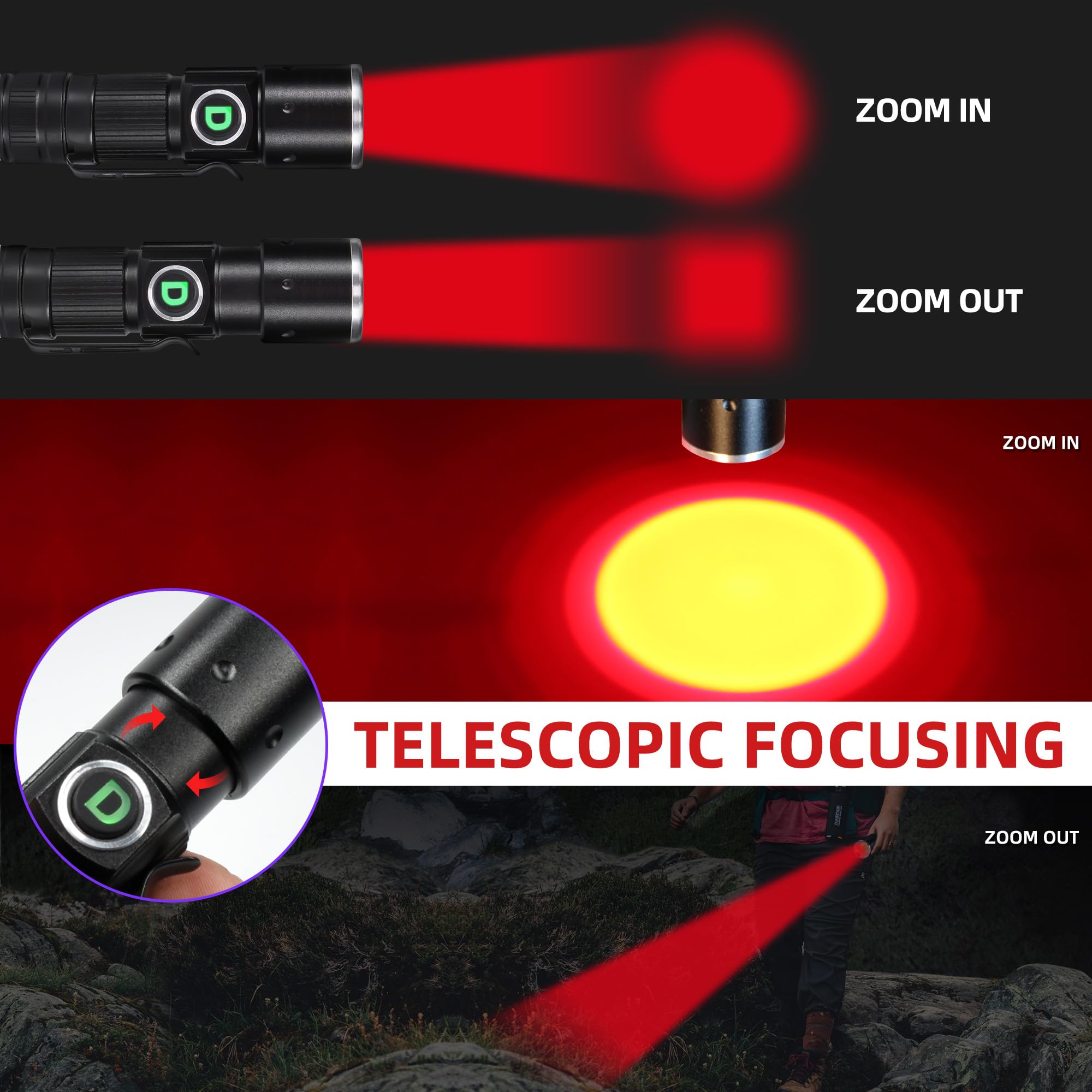 DARKDAWN Rechargeable Mini Red Flashlight D15-RED, Adjustable Focus, Portable with Pocket Clip for Fishing, Beekeeping, Hunting
