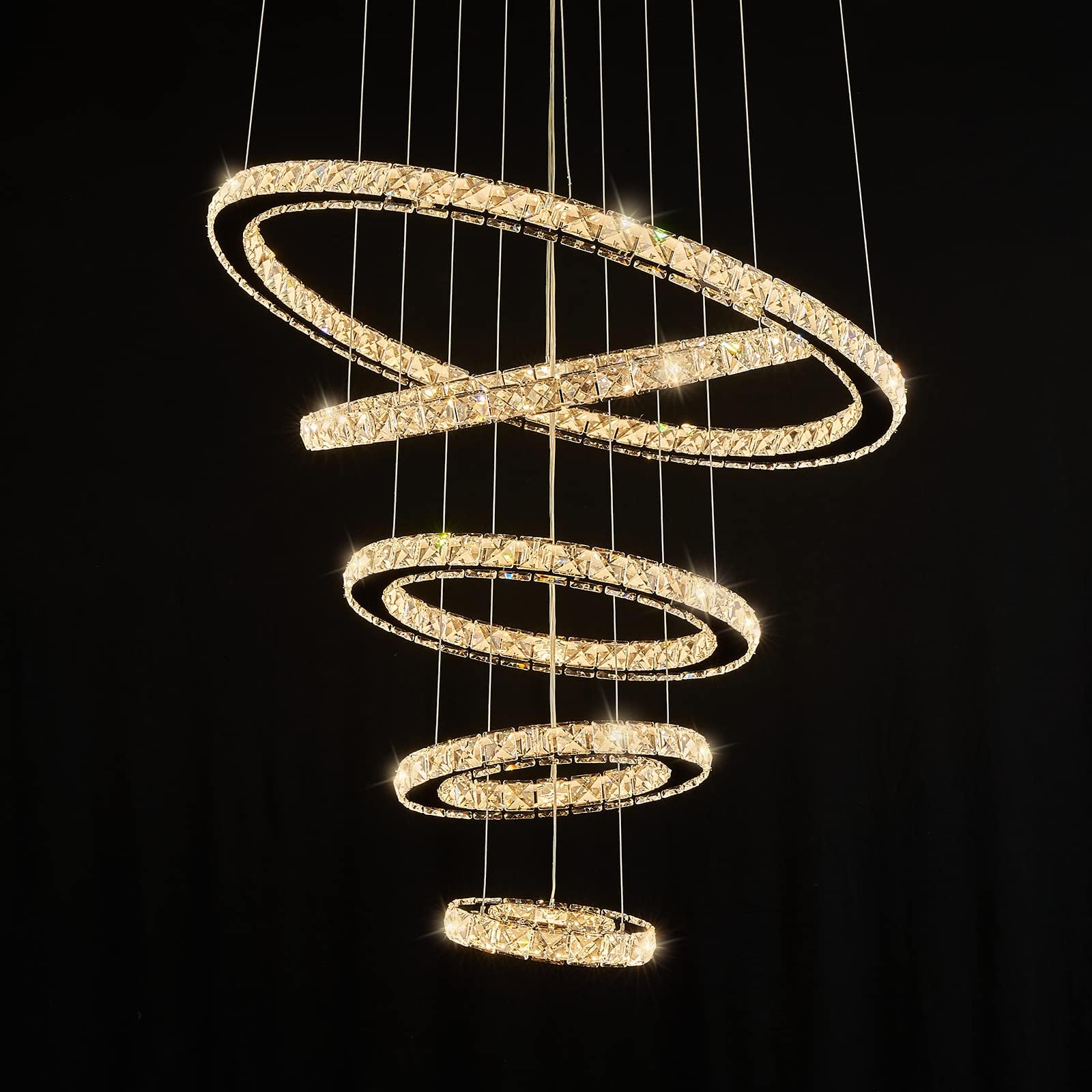 Siljoy Modern Crystal Chandelier Pendant Light Fixture, 5 Rings, Adjustable, Gold, D8in-12in-16in-20in-24in, for High Ceilings, Dining Room, Foyer